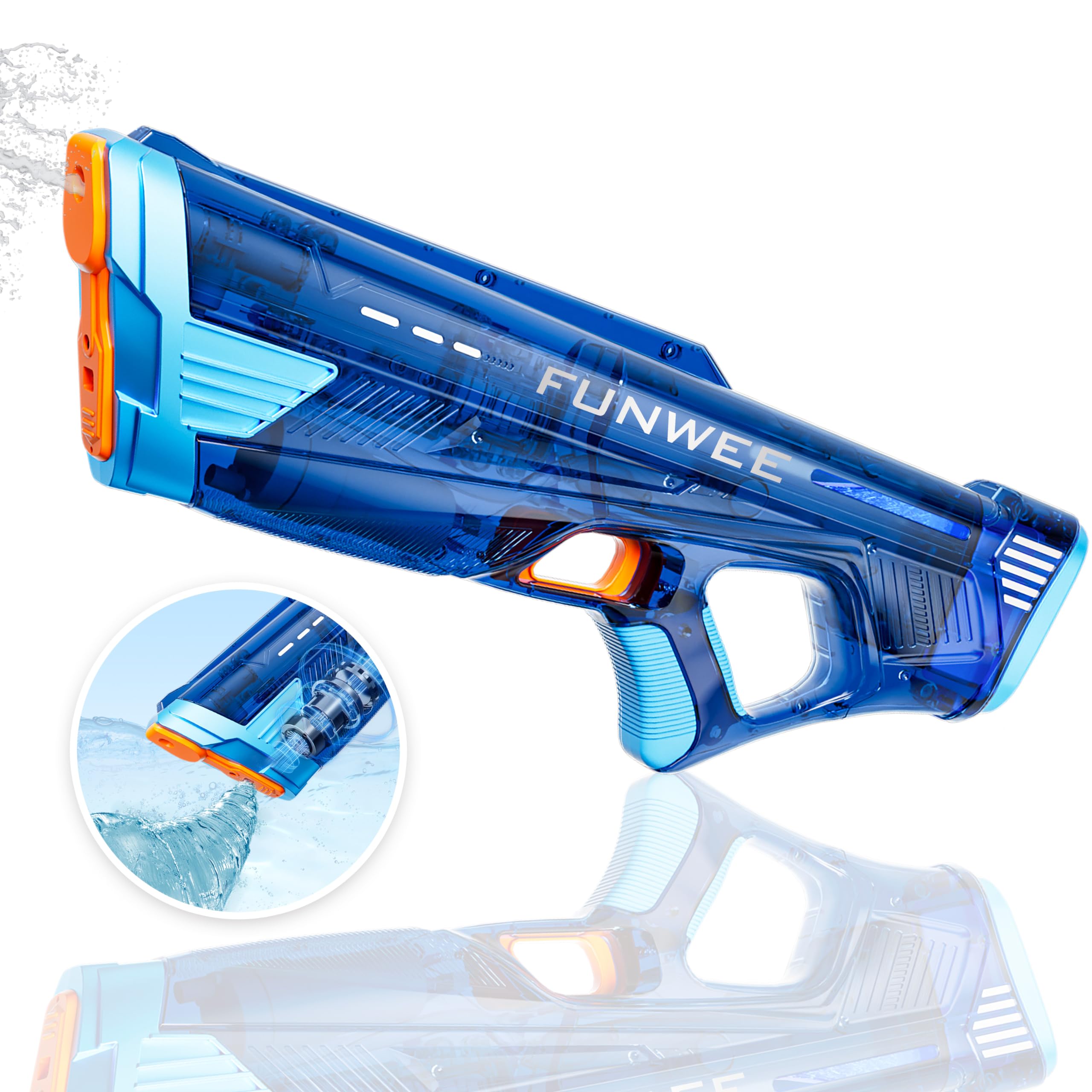 FunweeElectric Water Gun for Adults Kids, Powerful Automatic Squirt Gun, High Powered Shooting 100+ Times, Long Range, Auto Water Blaster, Outdoor Pool Water Toy Game(Transparent Blue)