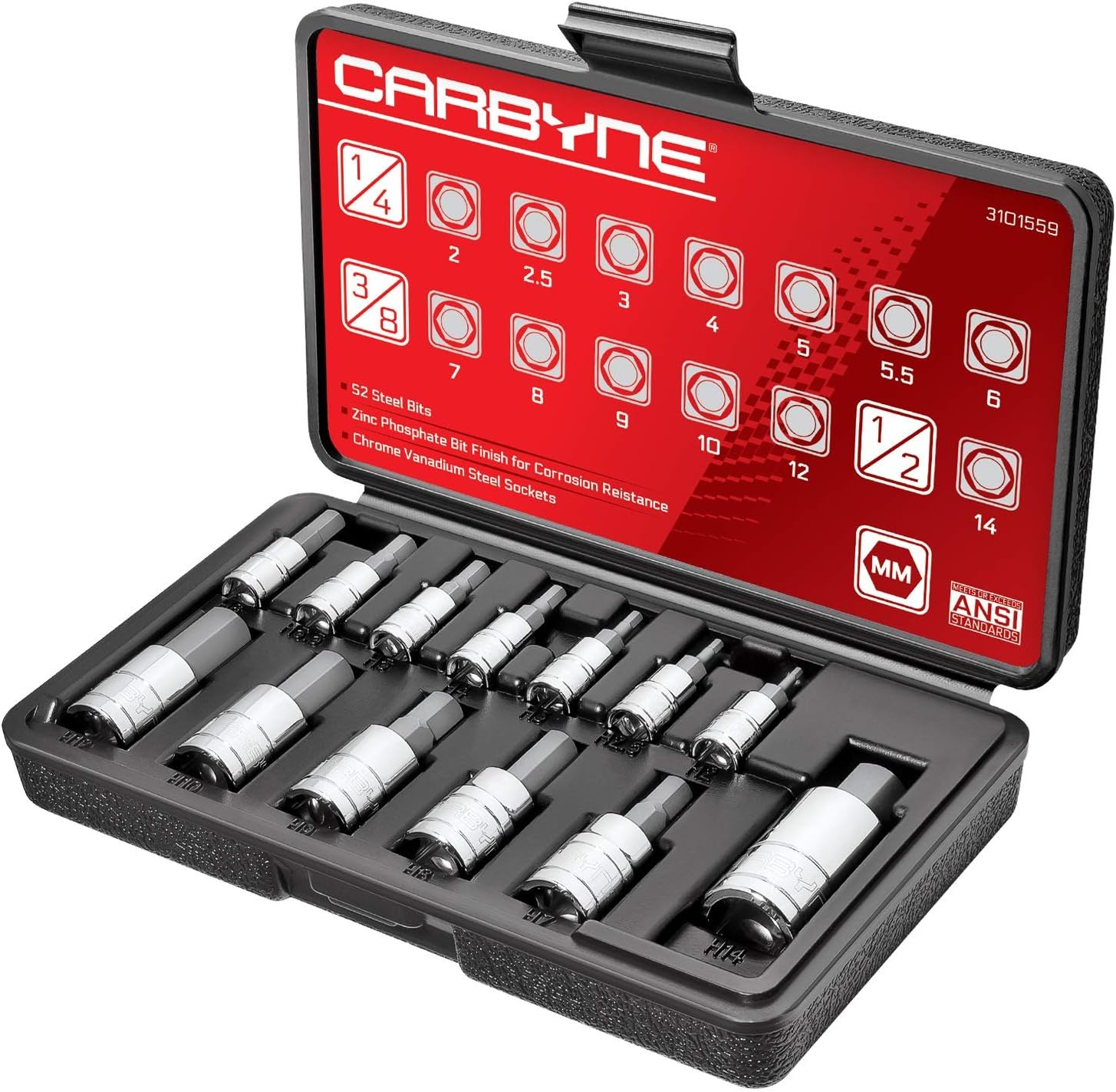 - 13-Piece Metric Hex (Allen) Bit Socket Set, 2mm to 14mm, S2 Steel Bits, CrV Sockets, 1/4 in. 3/8 in. and 1/2 in. Drive, Durable Storage Case