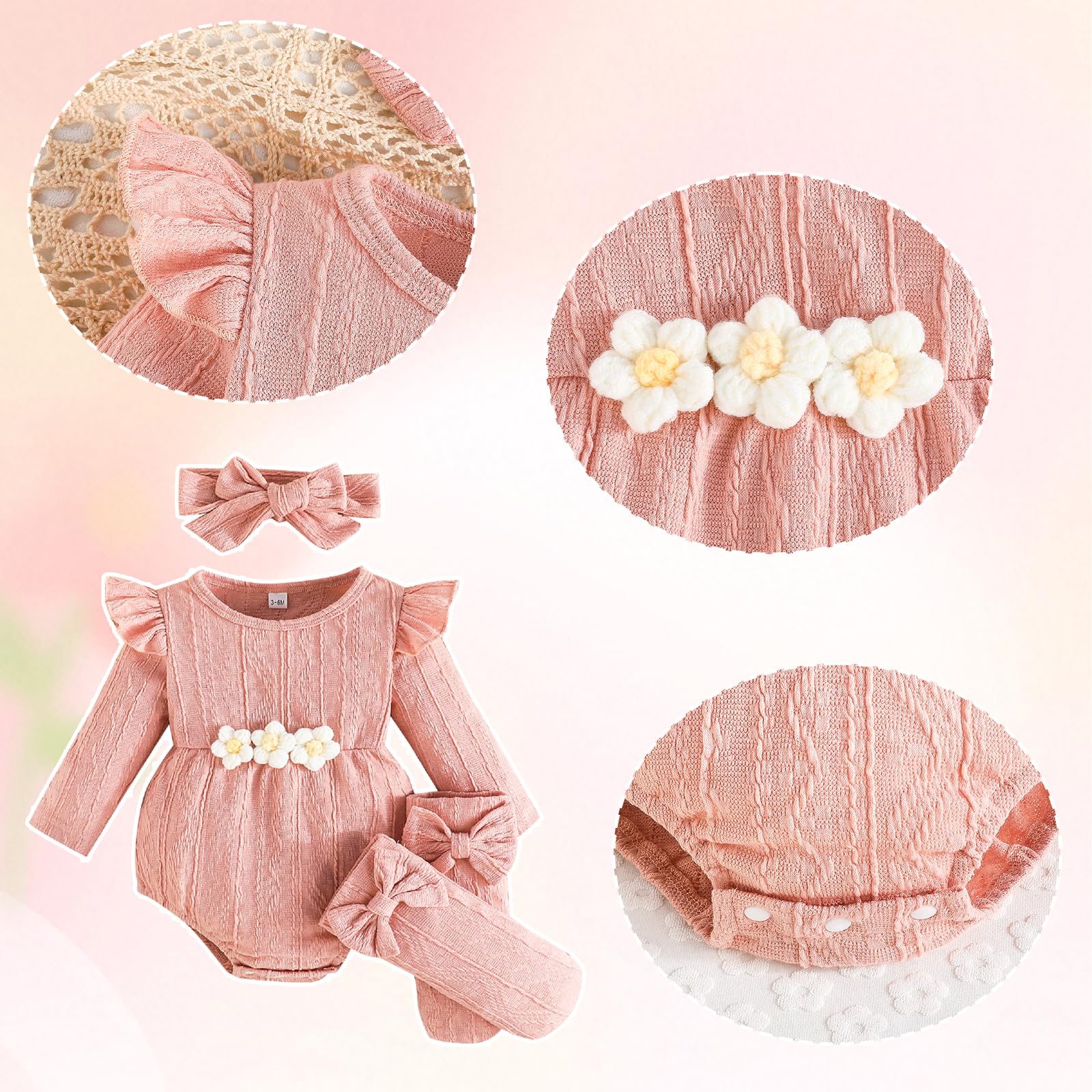 Kunyeah 3Pcs Vestiti per bambina Neonato Ruffle Romper Body a maniche lunghe+Fiocco per capelli+Calzini Tuta neonato a fiori