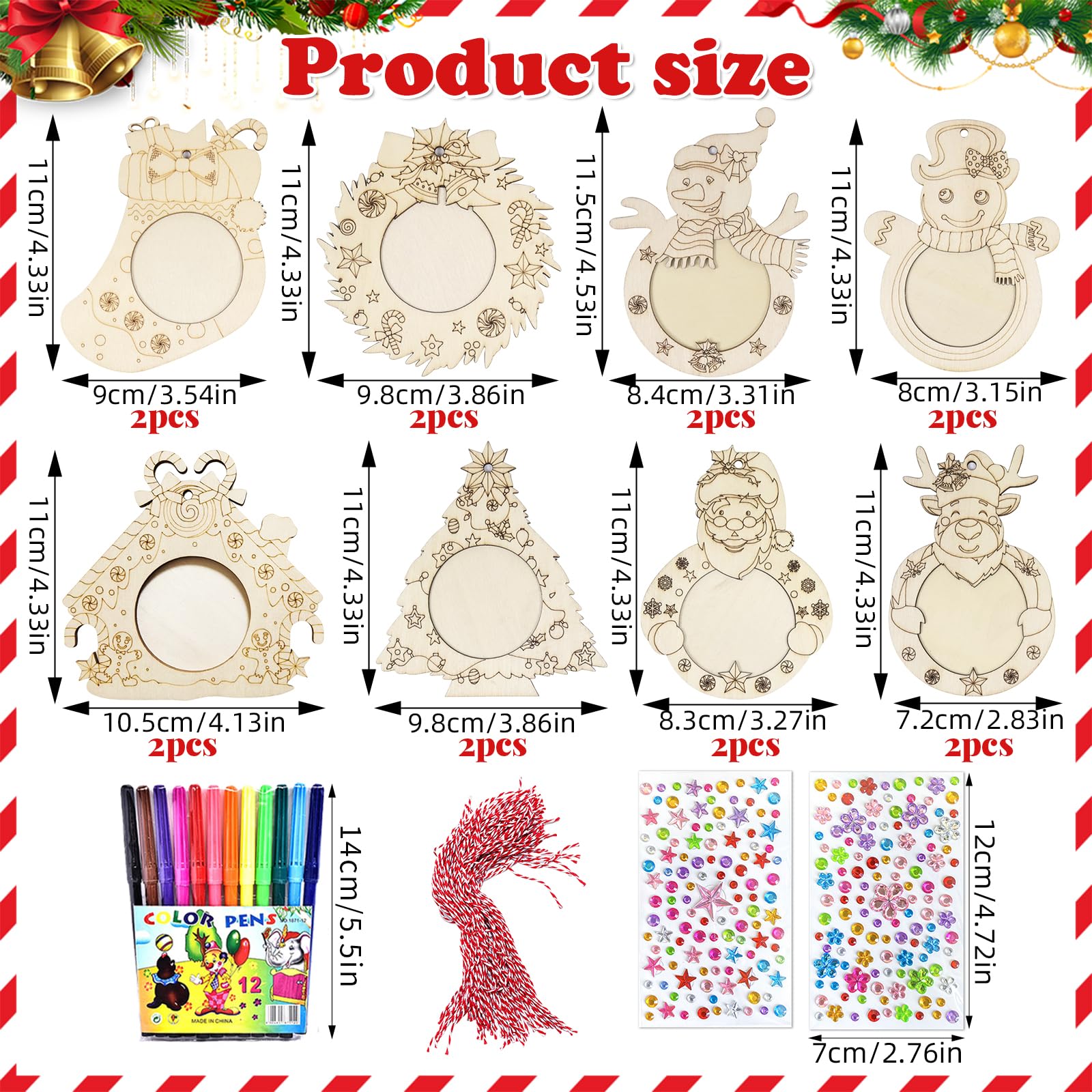 Juego de 16 marcos de fotos para árbol de Navidad, colgante de madera de Navidad, colgante de madera de Navidad, para pintar, decoración de Navidad, decoración de ventana