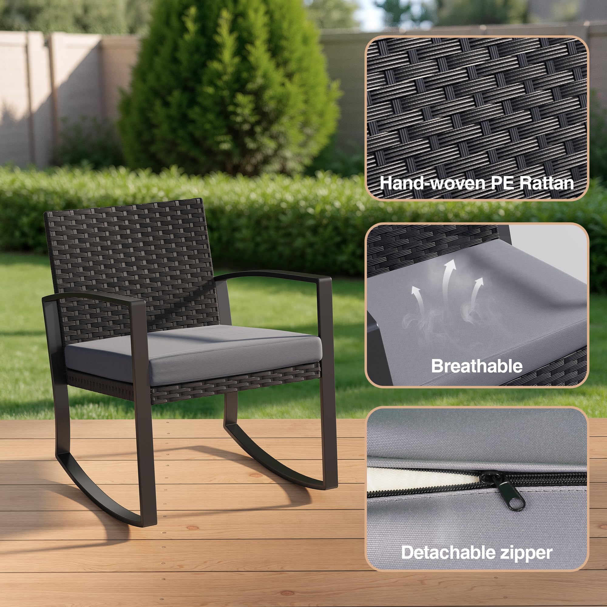 Qsun Juego de muebles de patio de 3 piezas para exteriores, juego de bistró mecedor, conversación de ratán al aire libre con mesa auxiliar para jardín, balcón, patio trasero, junto a la piscina (cojín