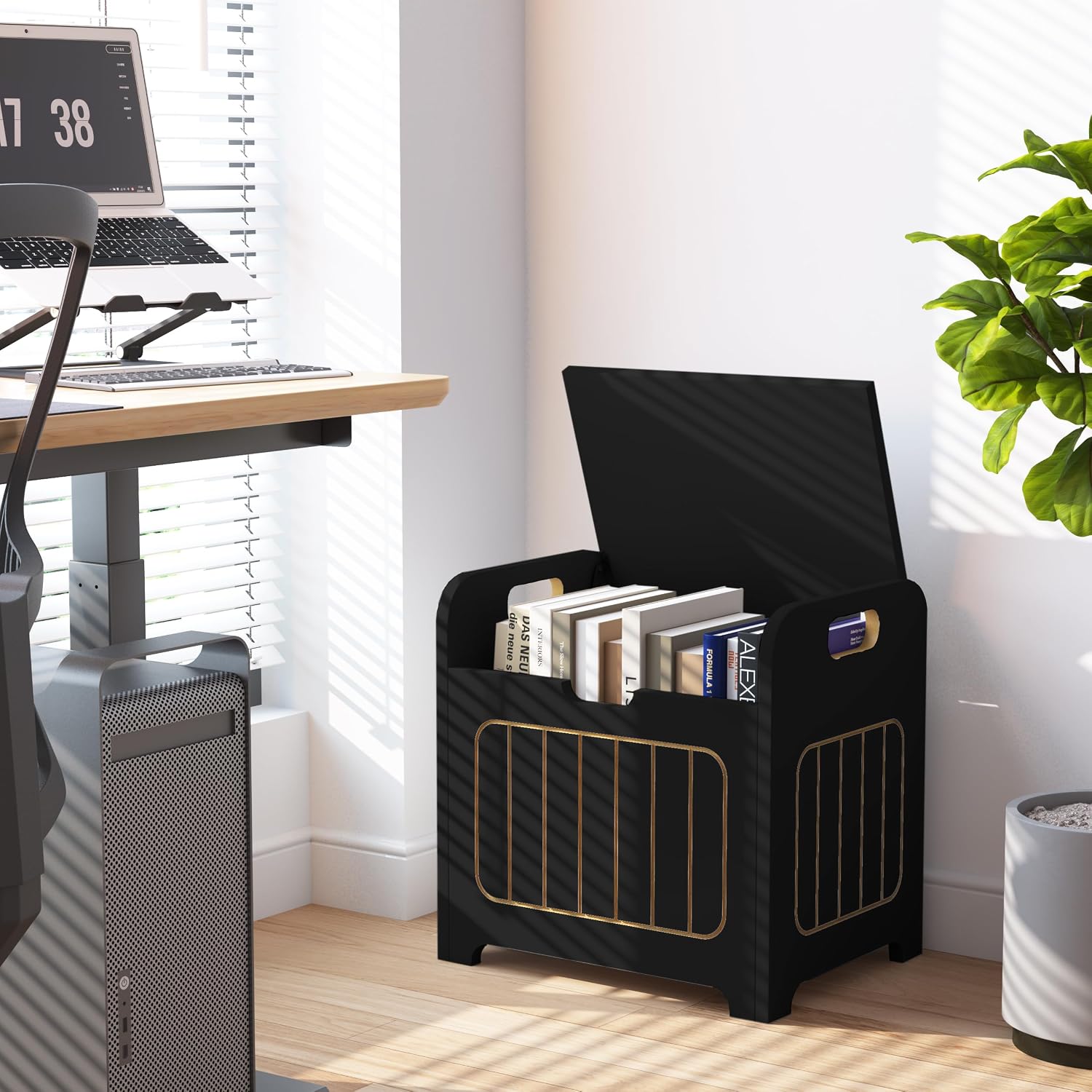Aenuert Black Wooden Storage Chest, Small Cube Storage Box Organizer with Handles, Wooden Storage Bin for Books and Clothes, Square Side Table for Entryway, Living Room or Bedroom
