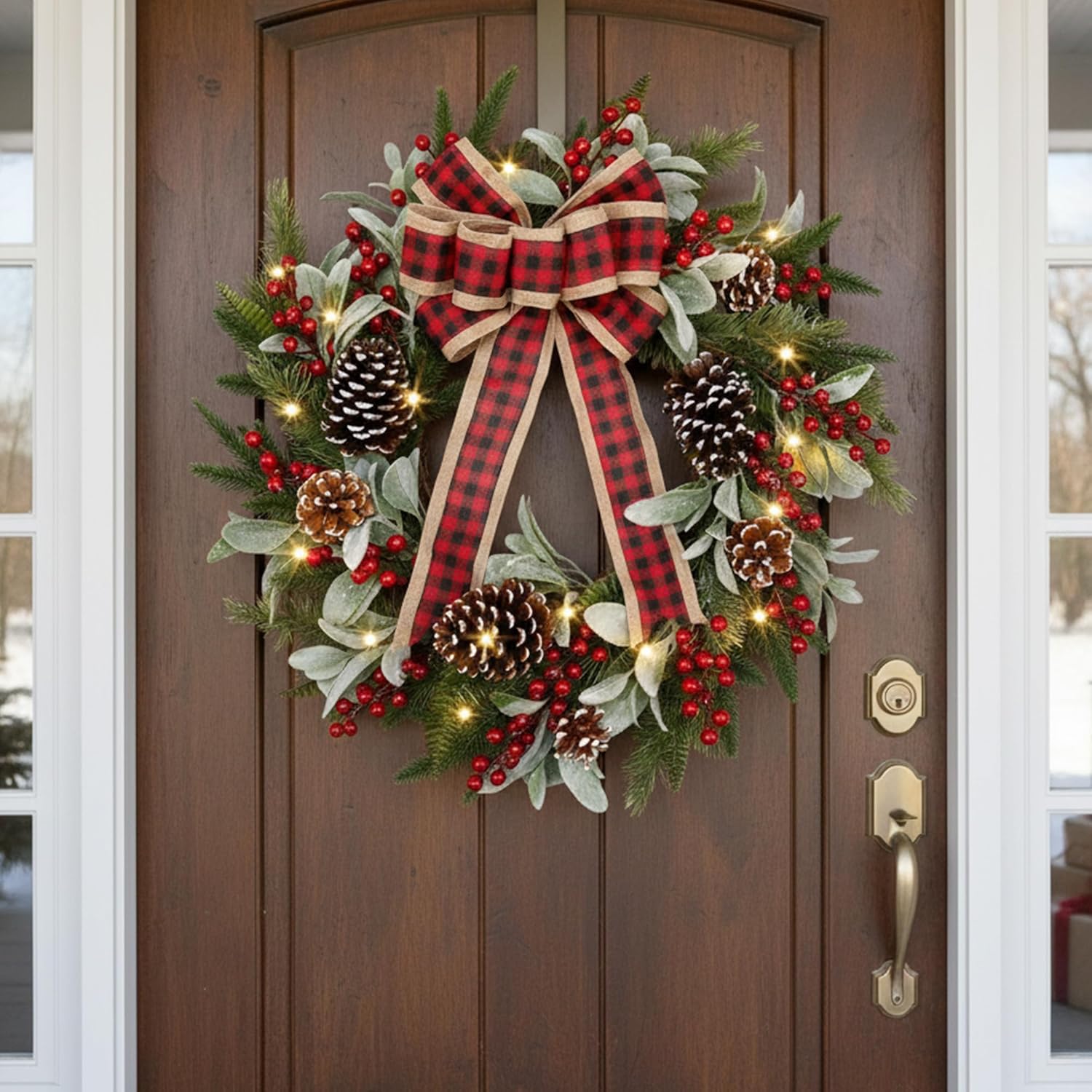 24 Inch Christmas Wreath for Front Door with Lights Flocked Lambs Leaves Winter Wreath Bow Pine Needles Pinecones for Indoor Outdoor Xmas Wall Window Holiday Decor - Image 8