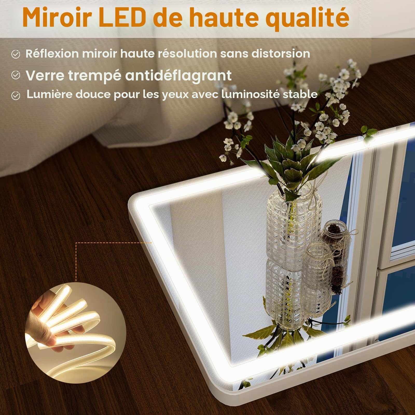 Miroir Pleine Longueur 164 x 60 cm avec éclairage LED, Verre de sécurité, Variateur d'intensité, Miroir sur Pied