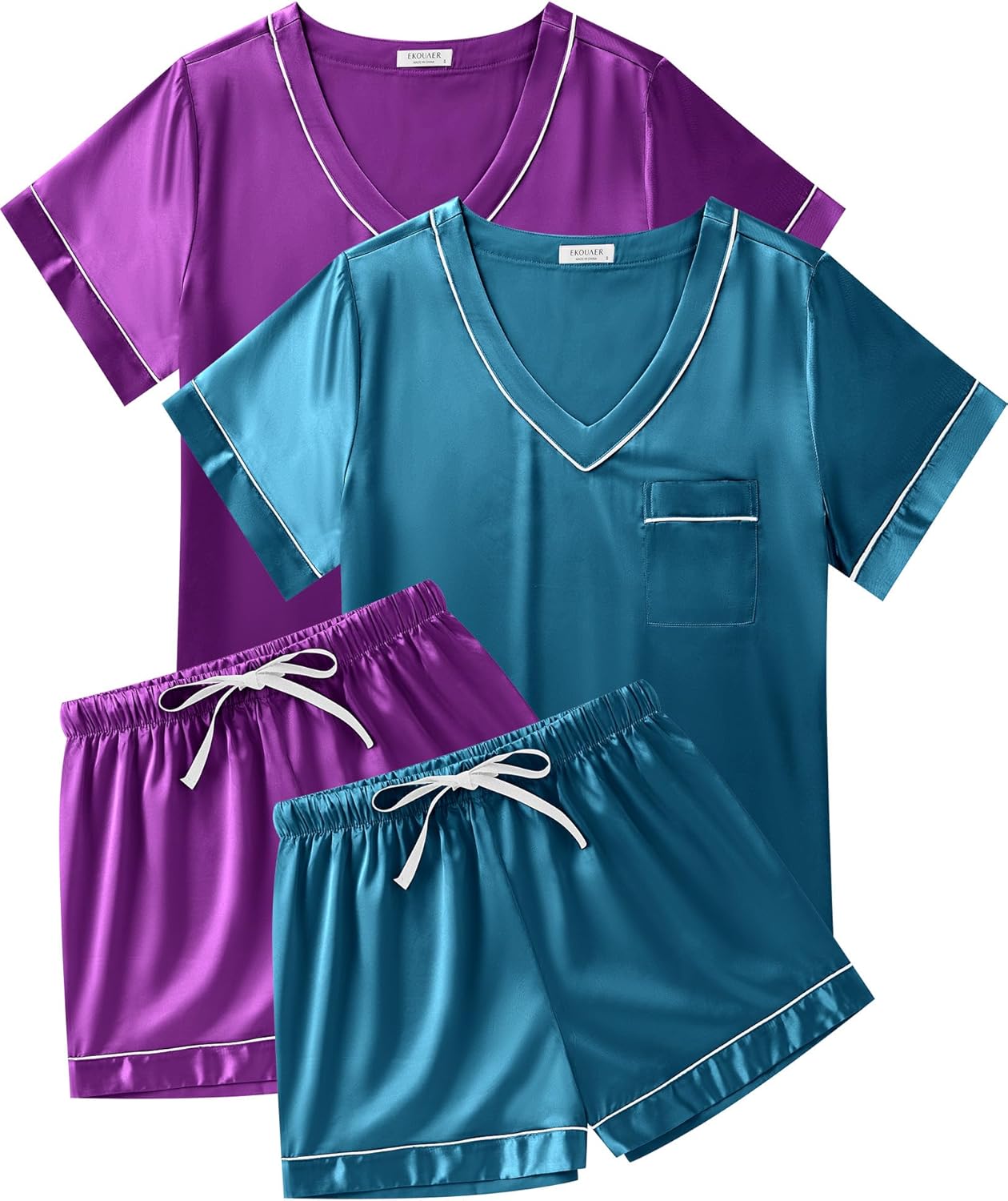 Ekouaer 2 Pack Silk Pajamas for Women Short Sleeve Satin Pj Set Soft V neck Sleepwear Loungewear, S-XXL
