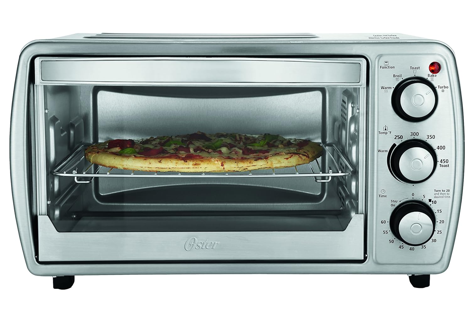 Oster TSSTTVCG02 Convection Toaster Oven with a pizza inside, showing control panel