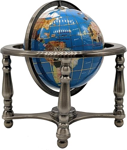 Miniatura 2 de Unique Art Globo del mundo con piedras preciosas turquesas oceánicas de 10 pulgadas de alto con soporte plateado de 4 patas