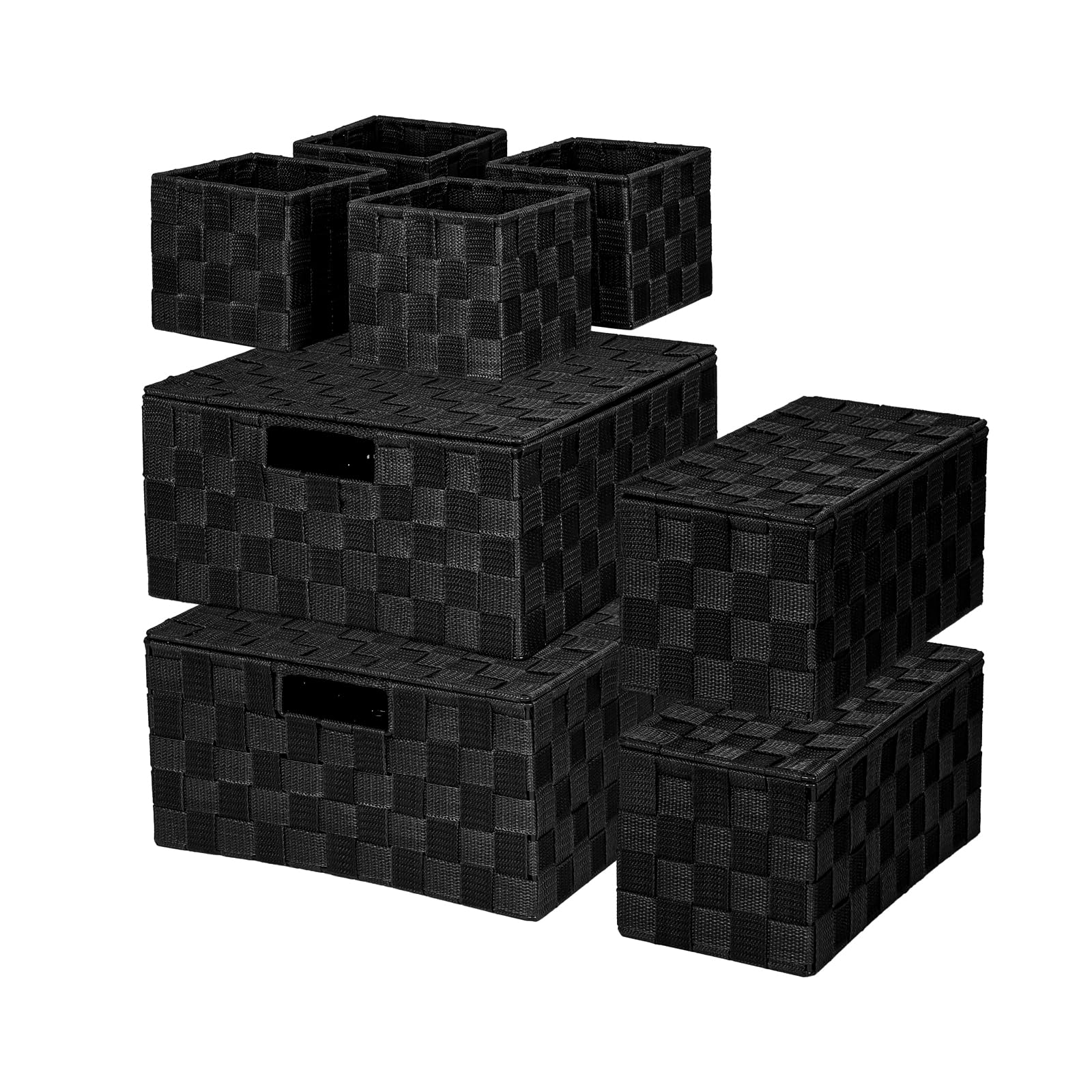 Woven Polypropylene Basket Set of 8, Woven Storage Basket, Woven Strap Baskets, Woven Basket Organizer for Bedroom, Bathroom, Office, Shelf, Dresser, Kitchen, Pantry, Black