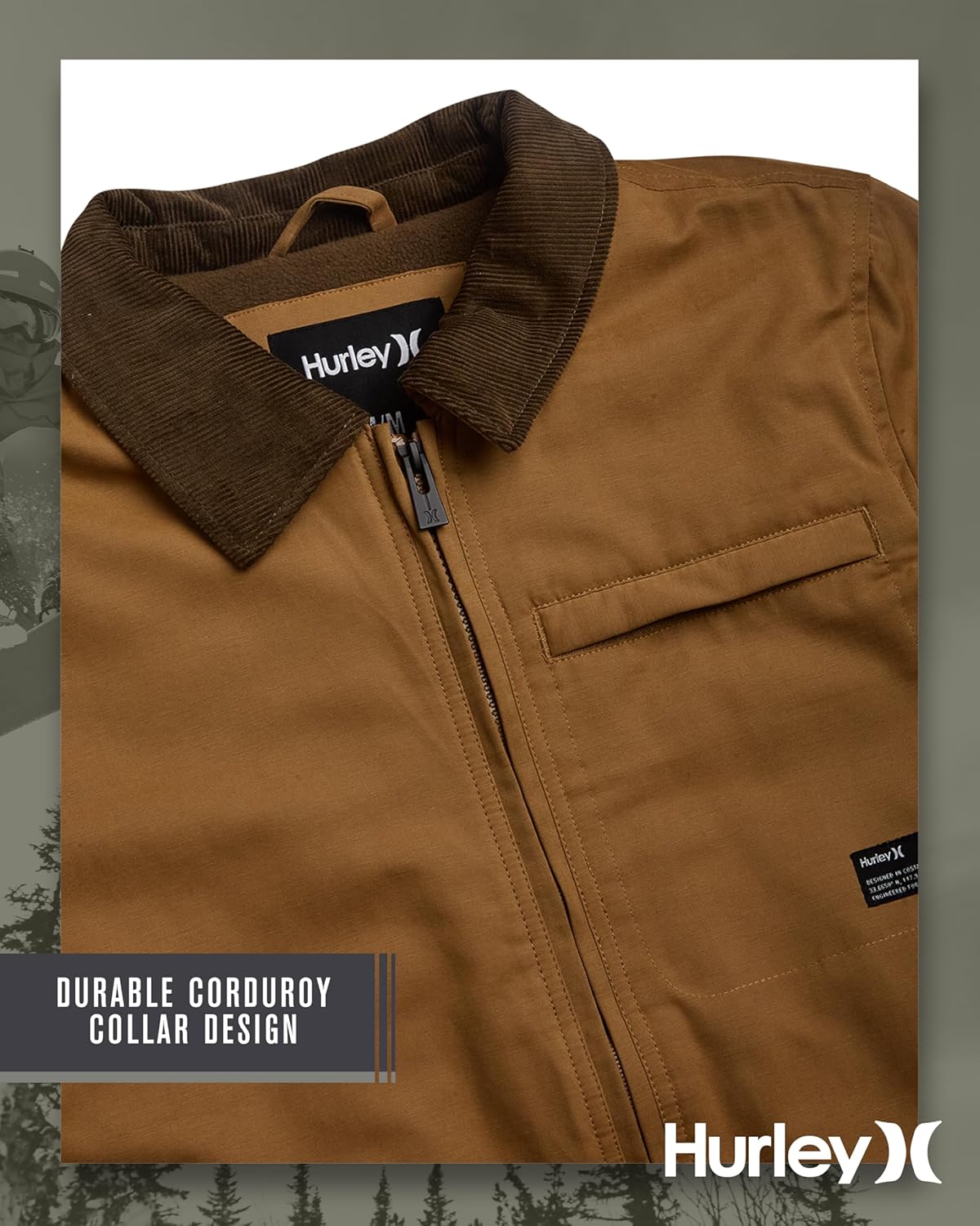 Hurley Mens Jacket - Soft Twill Coat with Full Polar Fleece Lining - Corduroy Collar Outerwear Jacket for Men