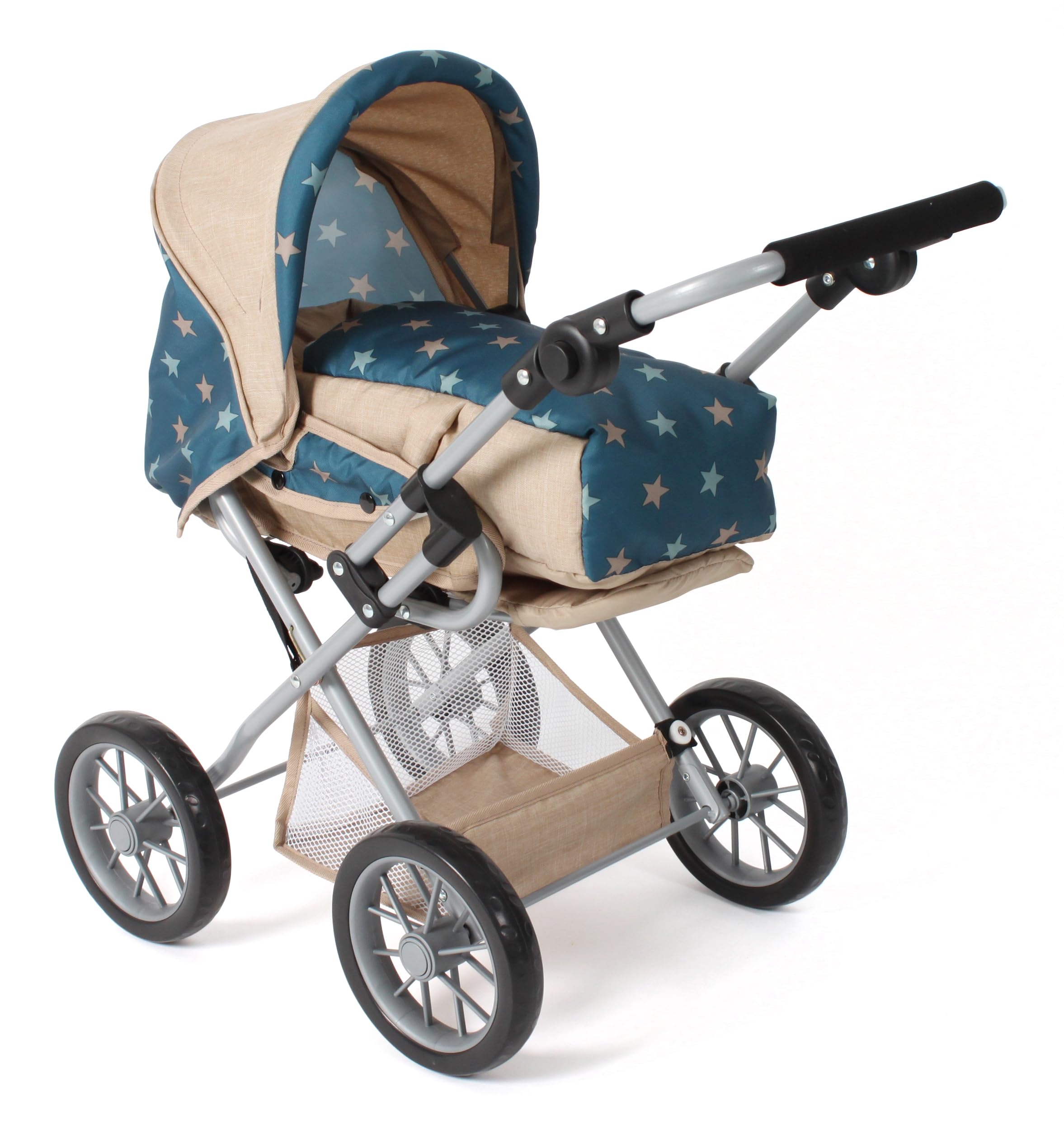 Bayer Chic 2000® Wózek dla lalek Leni kombi 3 w 1 – gwiazdka turkusowo-beżowa – składany, uchwyt z regulacją wysokości 43-67 cm, torba do przenoszenia – lalki do 46 cm, od 3 J.