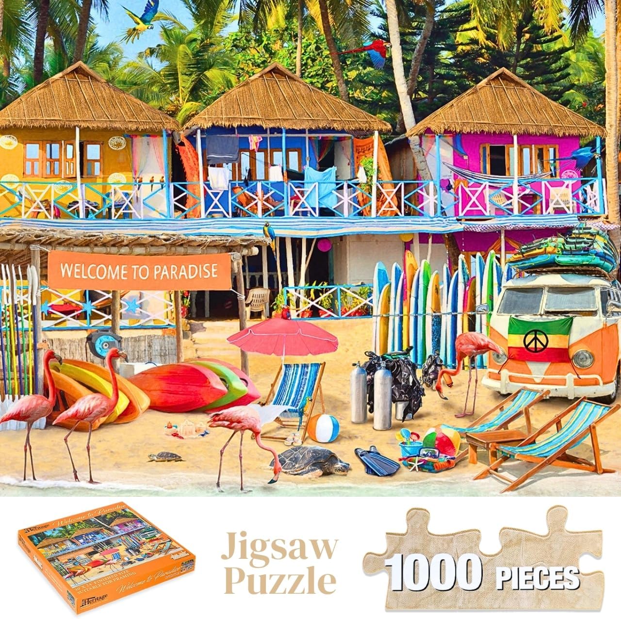 Heritage Puzzle - Welcome to Paradise 1000 Piece Puzzles for Adults - Educational Puzzle with Tropical Beach Scene - Frameable Jigsaw Puzzle 30" x 24" Finished Size