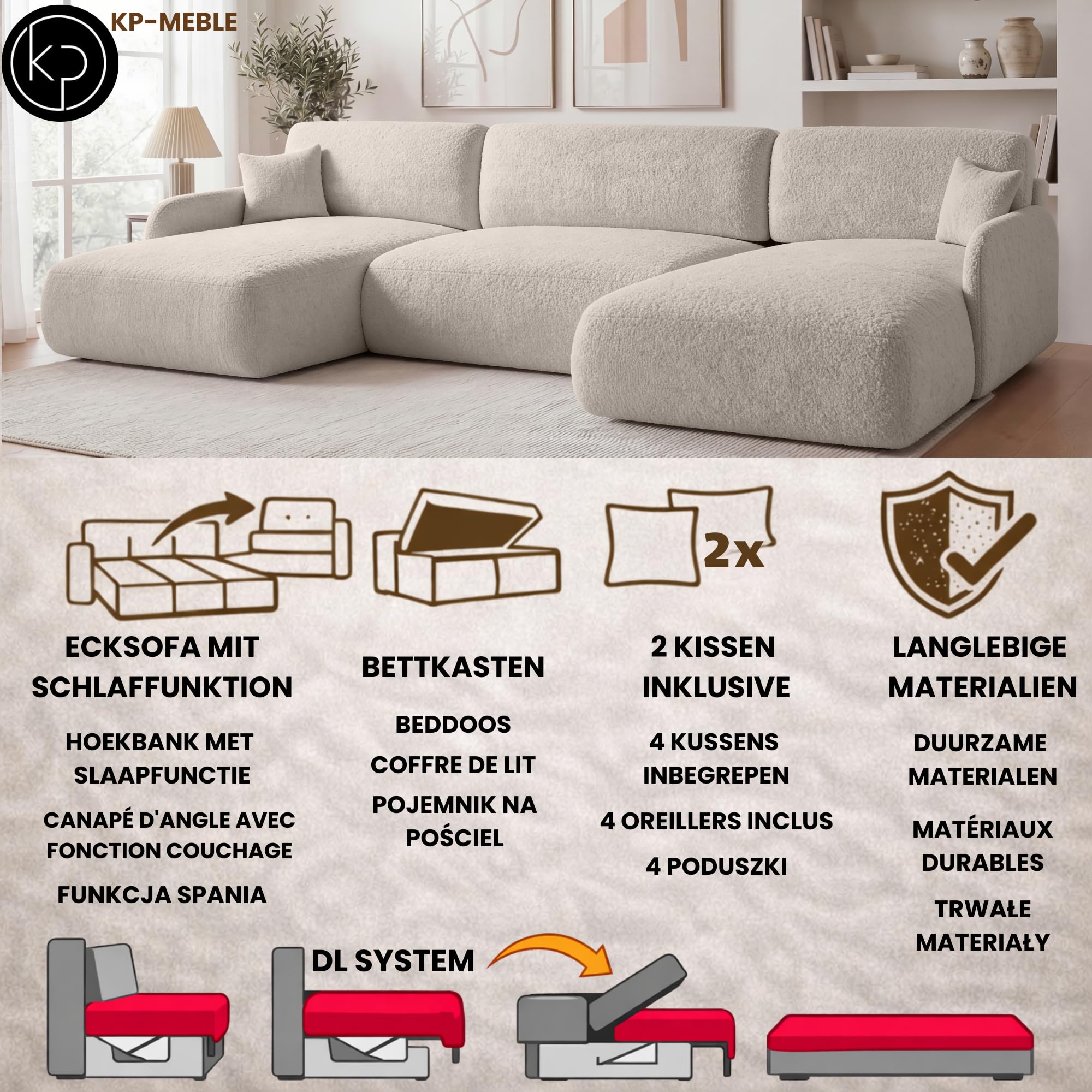 U-Form Wohnlandschaft mit Schlaffunktion 360x175 cm Bouclé Beige – Großes Schlafsofa mit Bettkasten, Moderne Couch mit Stauraum Pierr (Anthology 1)