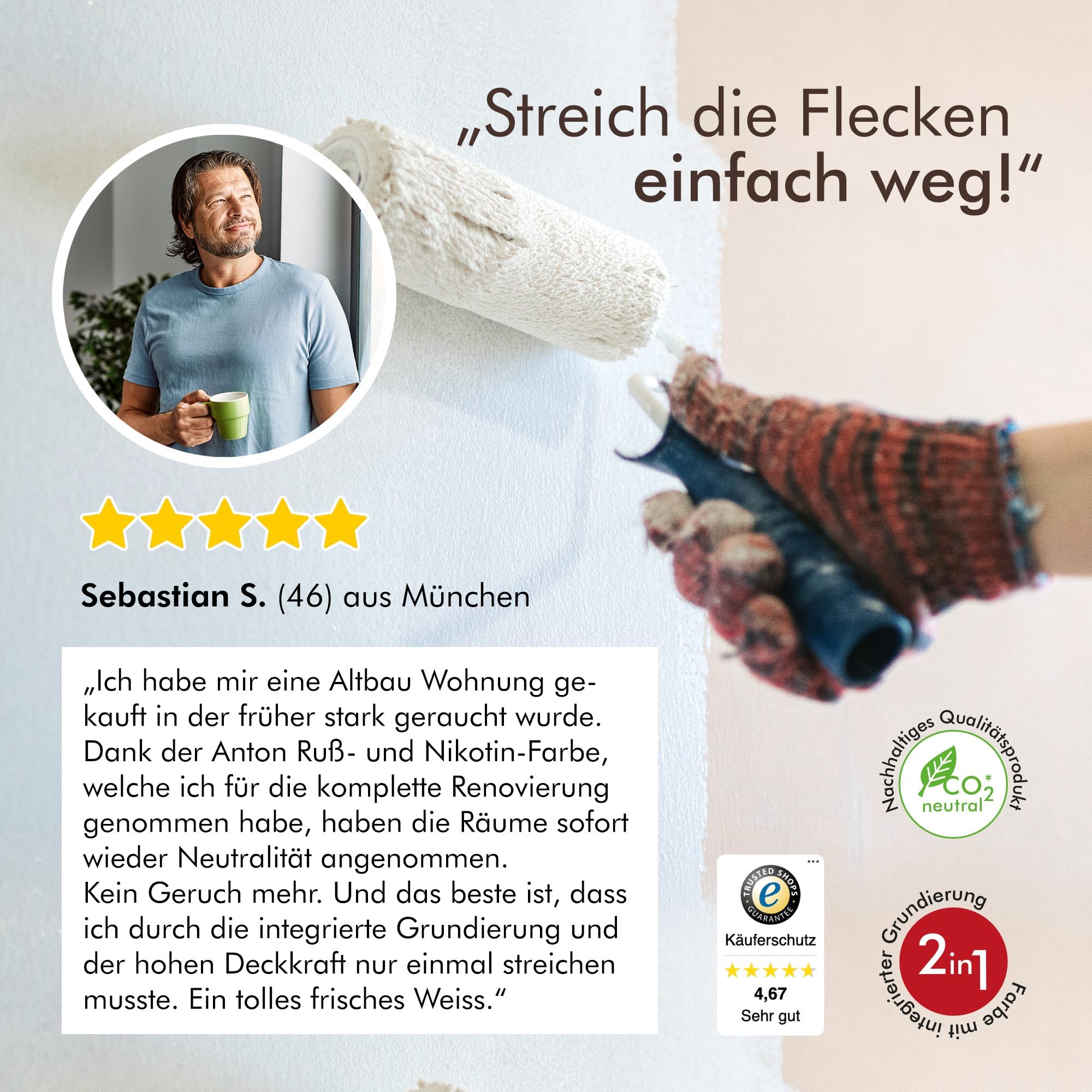 Anton Ruß- und Nikotin Isolierfarbe 17 Kg | Geruchsbindend gegen Nikotin, Ruß & Rauchgerüche | Hochdeckend | Nikotinsperre bei Ruß-und Nikotinflecken | 80-90m² | vergilbte Wände wieder weiss