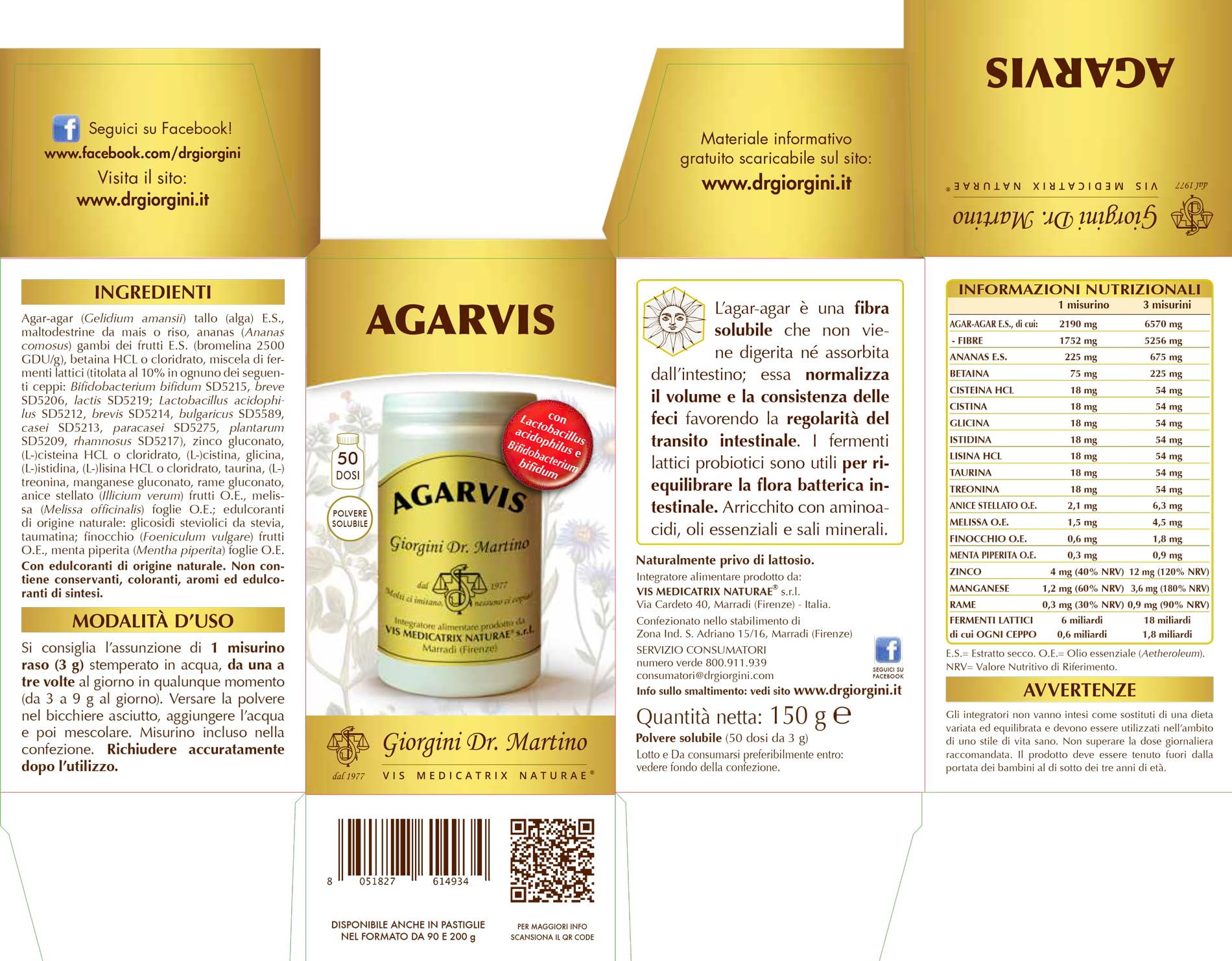 Dr Giorgini AGARVIS POLVERE - 150 g (integratore di agar-agar fibra solubile per la regolarità intestinale, più fermenti lattici)
