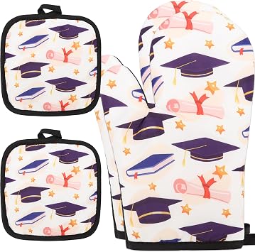 4PCS Graduation Oven Mitts & Potholders Set, Graduation Hat Oven Mitt Pot Holder Heat Resistant Non-Slip Grad Potholder for Class of 2026 Congrats Grad Baking Grilling Party Favors