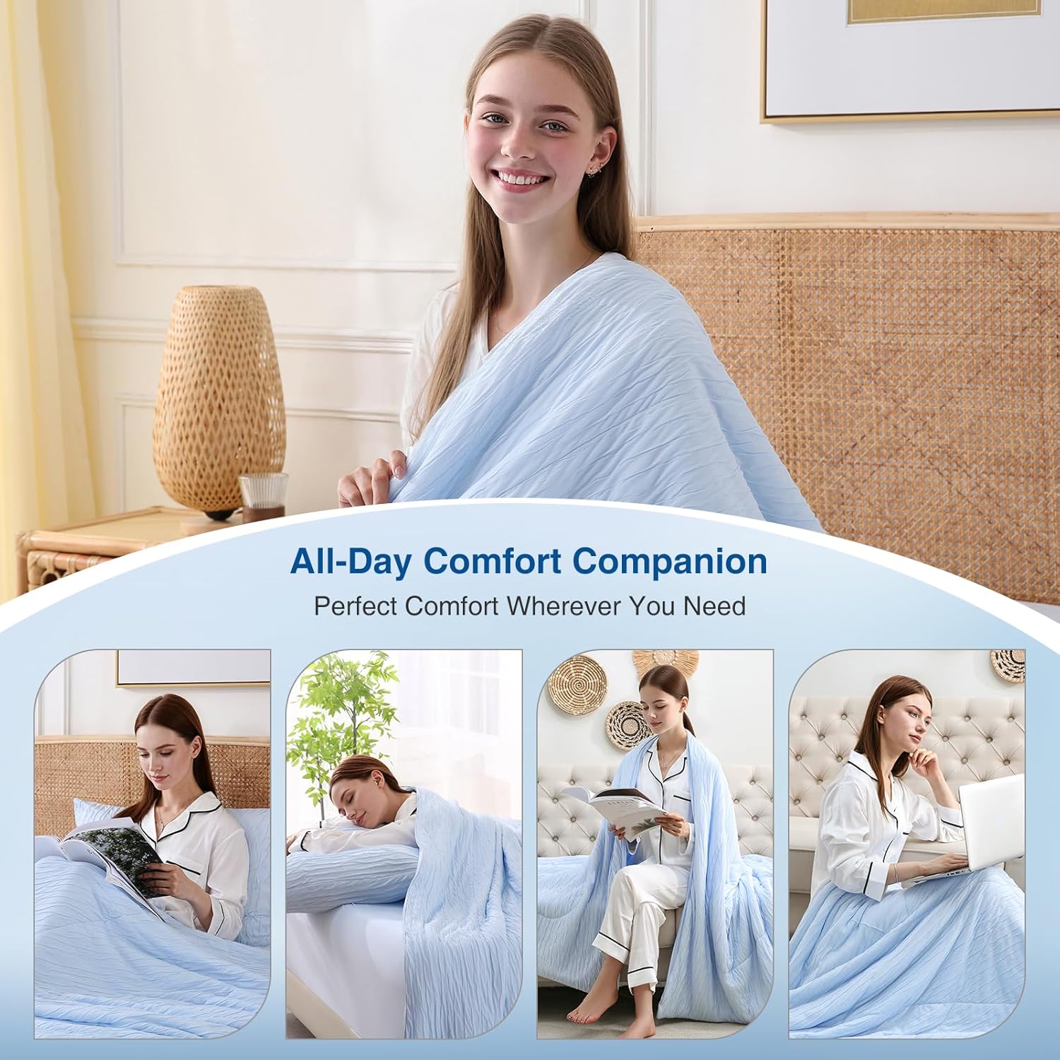 Cooling Comforter, Full/Queen - Reversible Lightweight Blanket for Hot Sleepers & Night Sweats, Breathable All-Season Bedding (90x90 Inch, Blue)