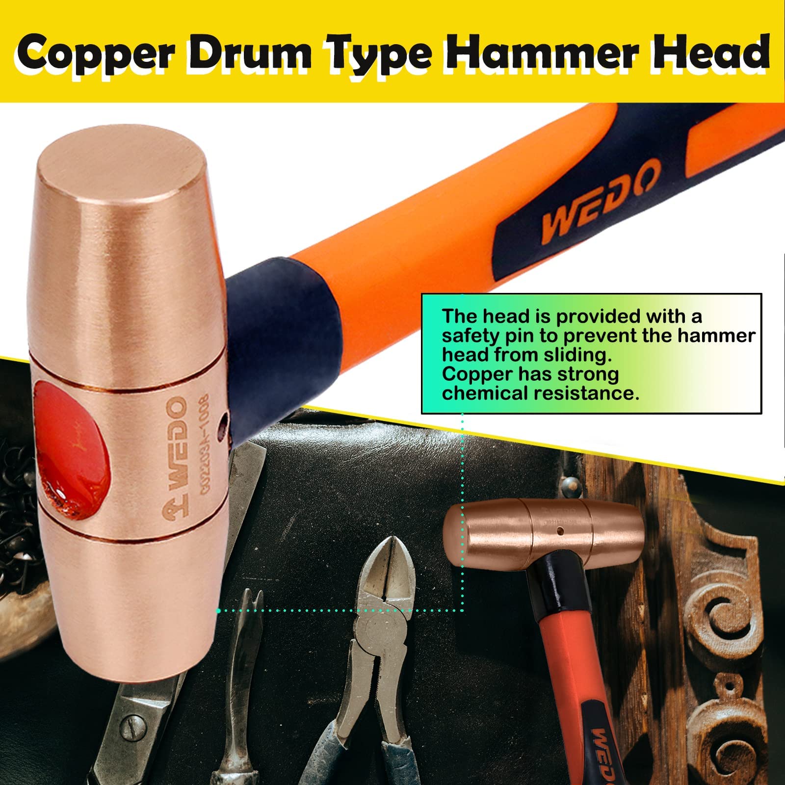 Martello Da Fabbbro In Rame WEDO 500g - Impugnatura Antiscivolo, Manico In Vetroresina, 300mm, Per Demolizione E Lavori Pesanti - Foto 7