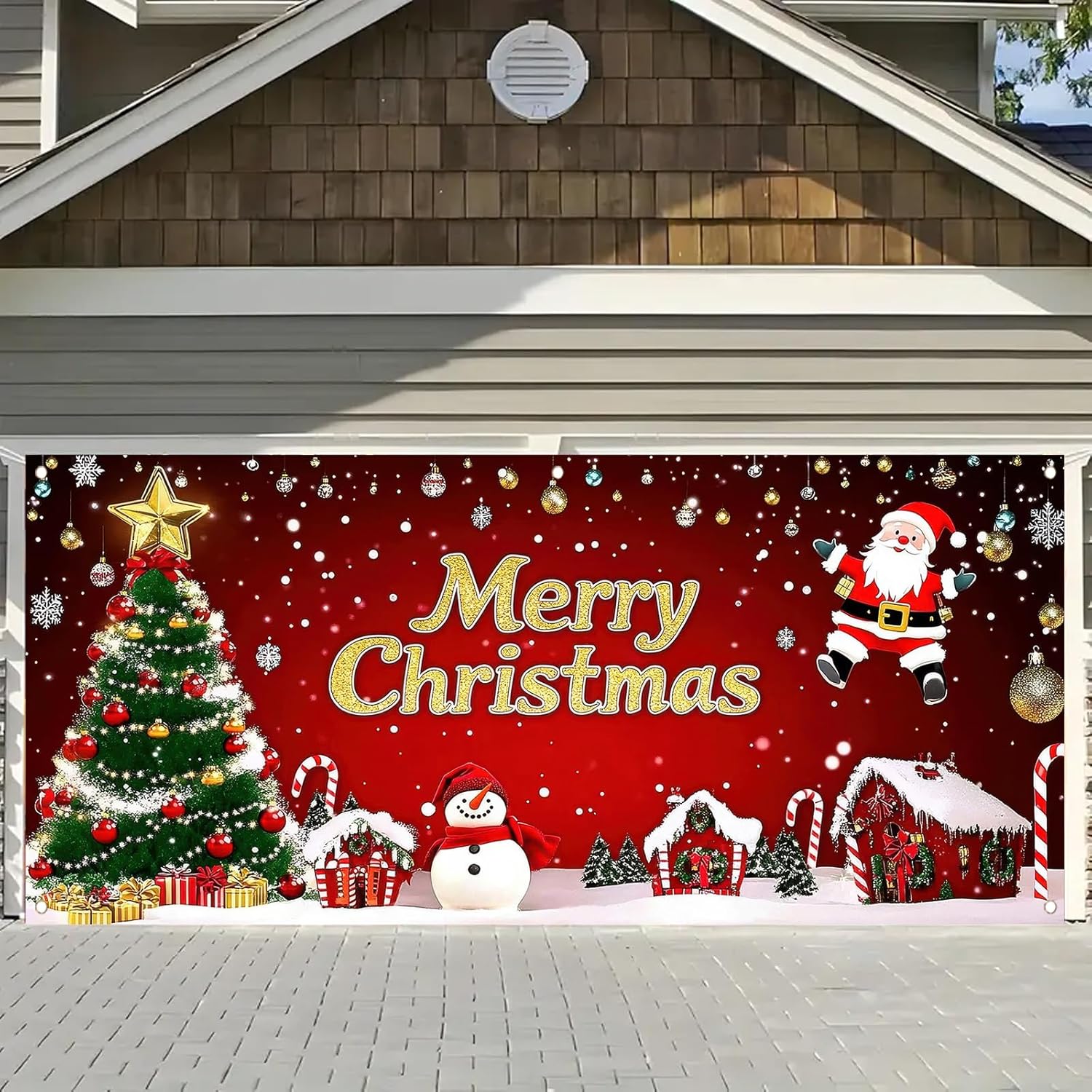 Christmas Garage Door Banner 6 x 13 ft Large Red Merry Christmas Garage Door Cover Santa Claus Snowman Tree Candy Canes for Home Holiday Party Wall Decoration