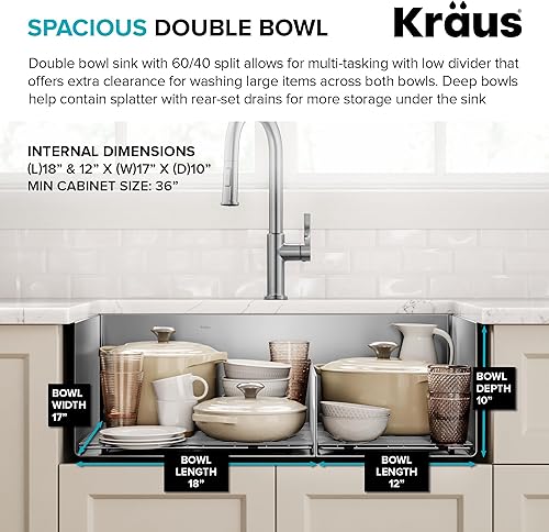 Vista 77 de Kraus Standart PRO KHU104-33 - Fregadero de cocina acero inoxidable de 33 in y 16 g, con doble pila de distribución 60 y 40 para montar bajo encimera