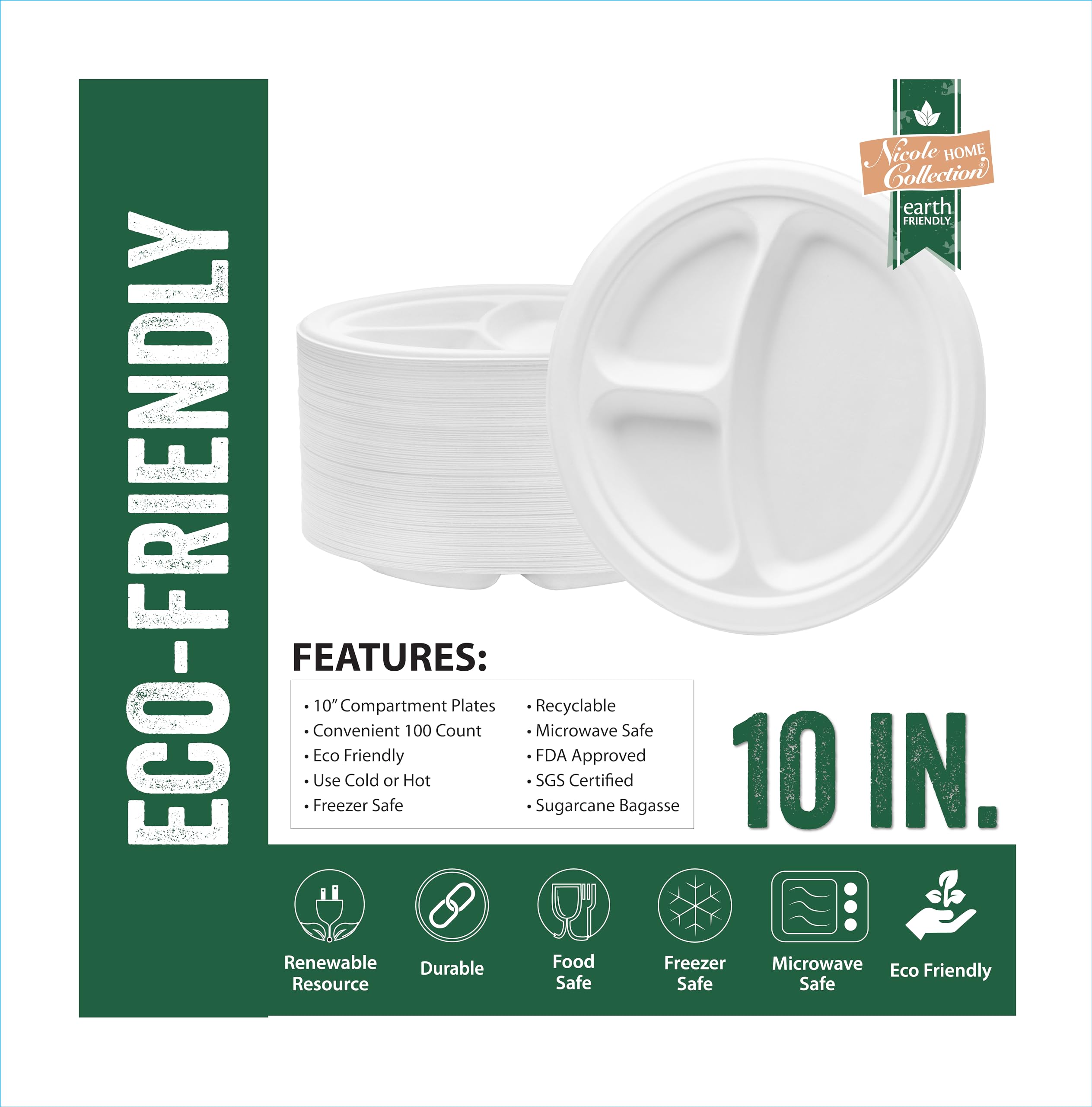 Nicole Home Collection Compostable Heavy Duty 10" Disposable Compartment Paper Plates 100% Bagasse Biodegradable Eco-Friendly Natural Sugarcane 100 Count