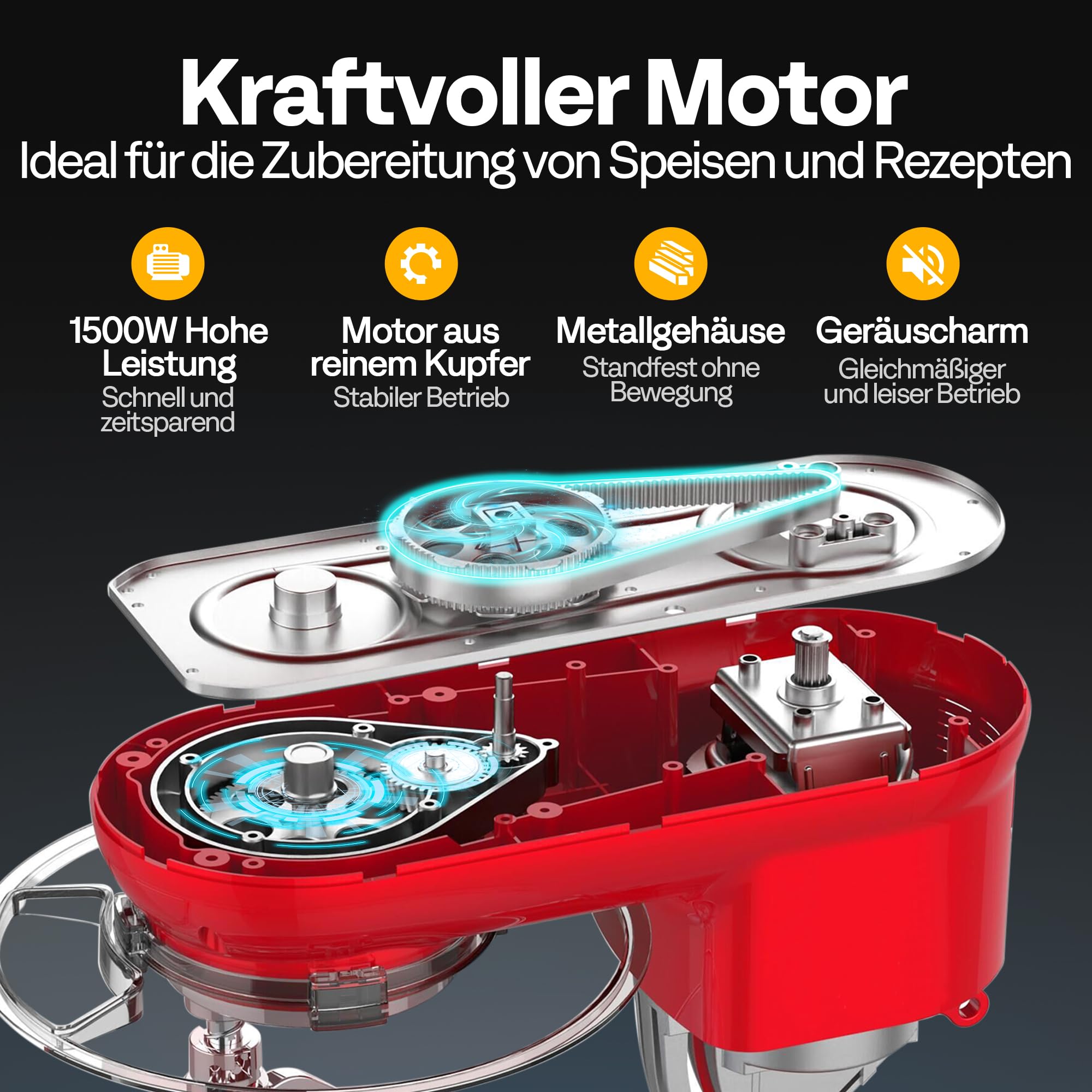 VIVOHOME 1500W Küchenmaschine,5,7L mit Edelstahlrührschüssel | 10 Stufen und Pulsfunktion Teigmaschine mit Spritzschutz Knethaken und Rührbesen für Brot und Kuchenteig,Rot