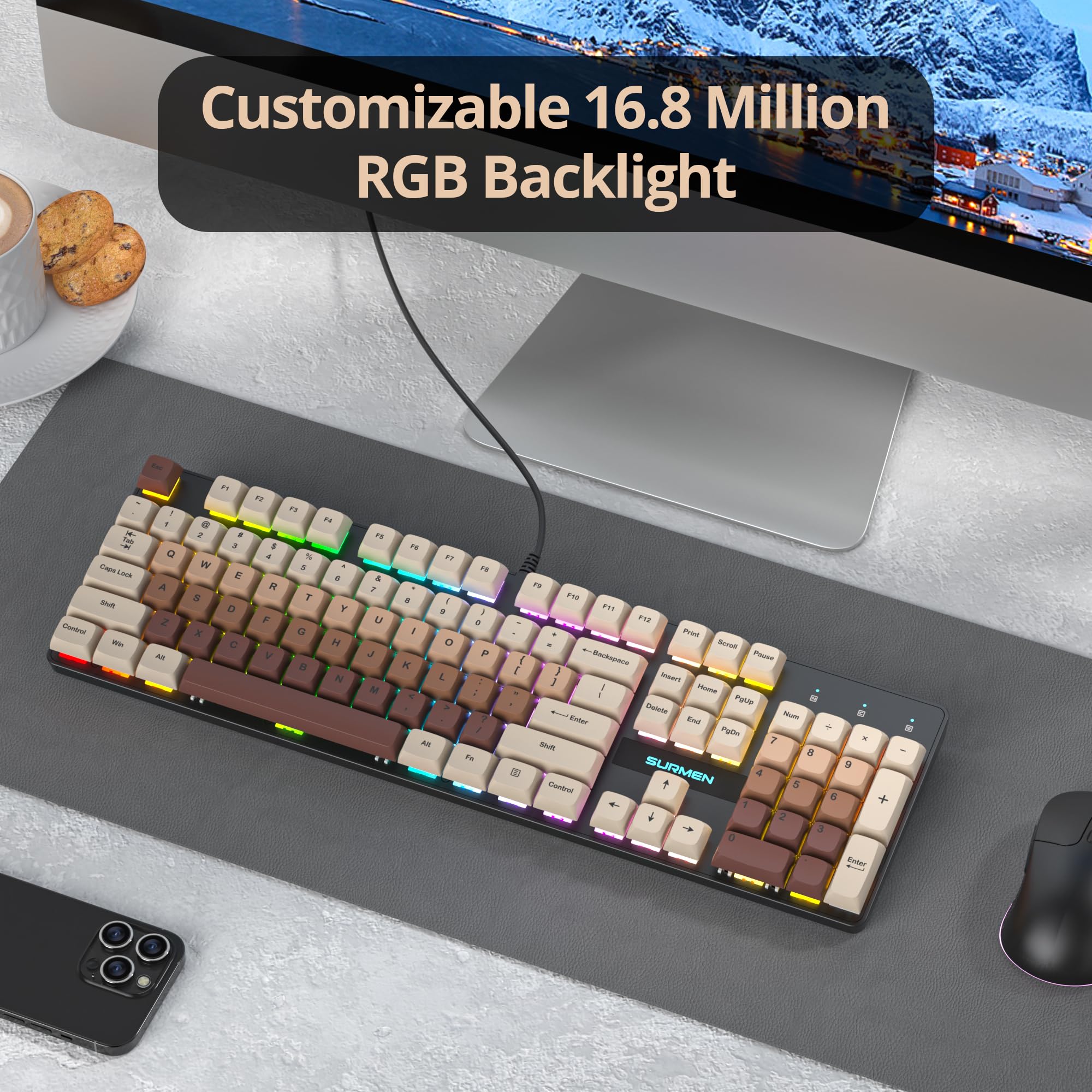SOLIDEE tastiera gaming meccanica 100%,US Layout QWERTY,Tastiera da Gioco Cablata 104 Tasti Retroilluminata RGB con Tastierino Numerico,Tastiera Meccanica NKRO per laptop Windows(104 Coffee)