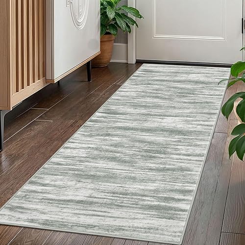 Miniatura 45 de KOZYFLY Alfombra moderna abstracta lavable de 2.6 x 10 pies, antideslizante, suave, alfombra de camino de cocina, alfombra a rayas azules óxido para