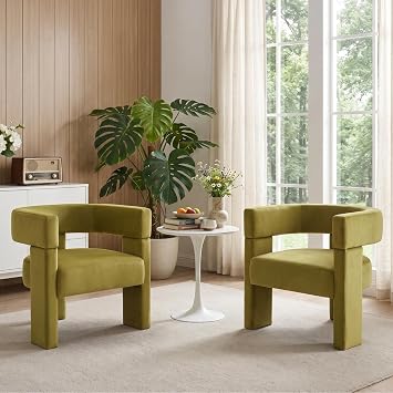 Modern Accent Chair Set of 2, Velvet Upholstered Barrel Armchair, Green