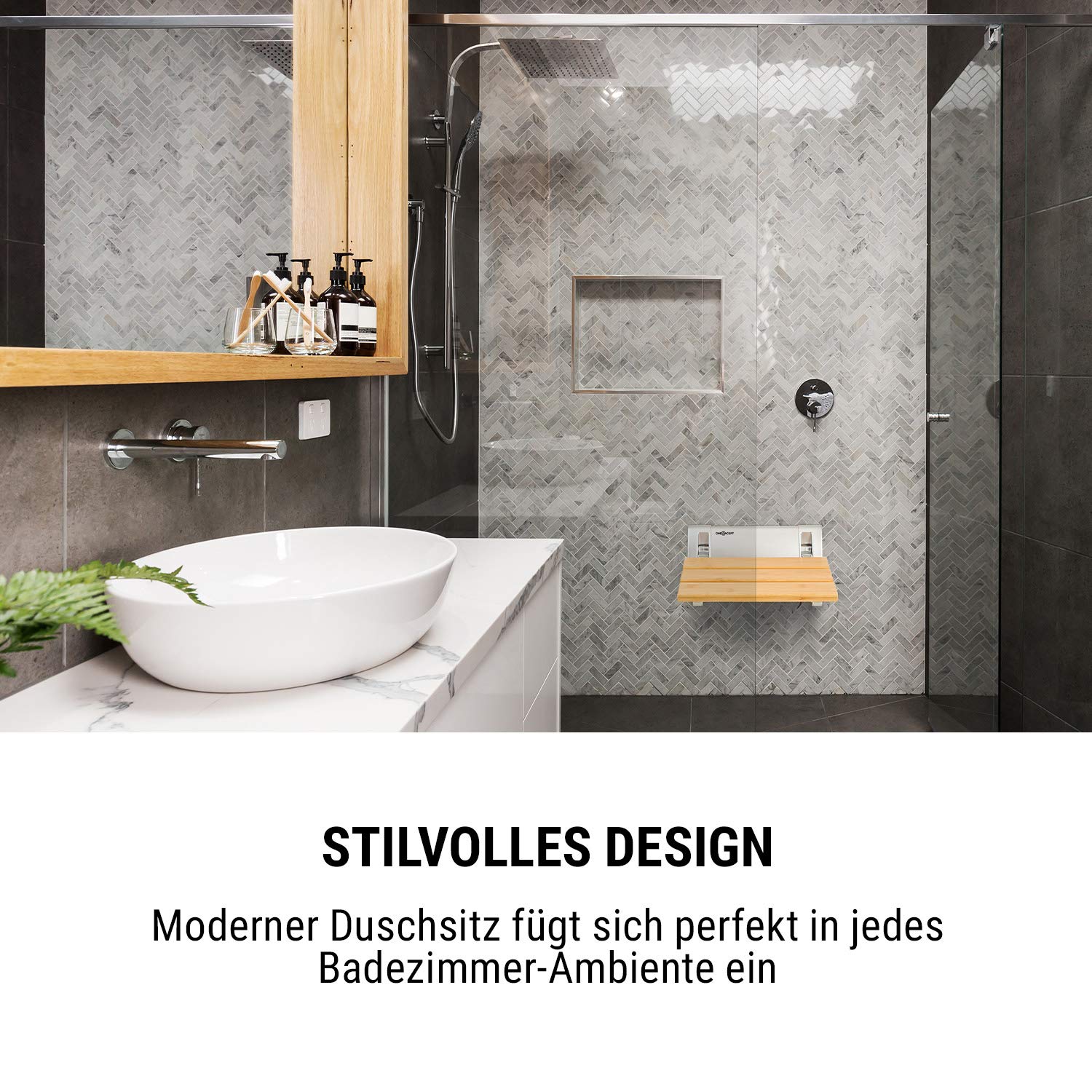 Oneconcept Arielle siedzisko prysznicowe – składane siedzisko z bambusową powierzchnią do siedzenia, zawieszenie ze stopu aluminium, maks. waga: 160 kg, w zestawie materiał montażowy, typ: Arielle,
