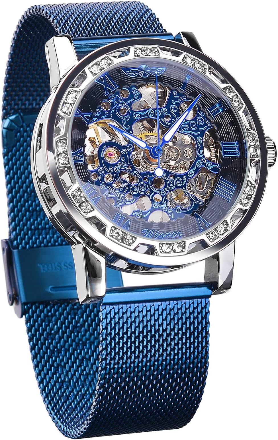 Winner Retro Manual Mechanical Skeleton Watch Diamond and Carving Flower Craft Mens Skeleton Watch Mechanical Classic Roman Numerals, blue2, Casual