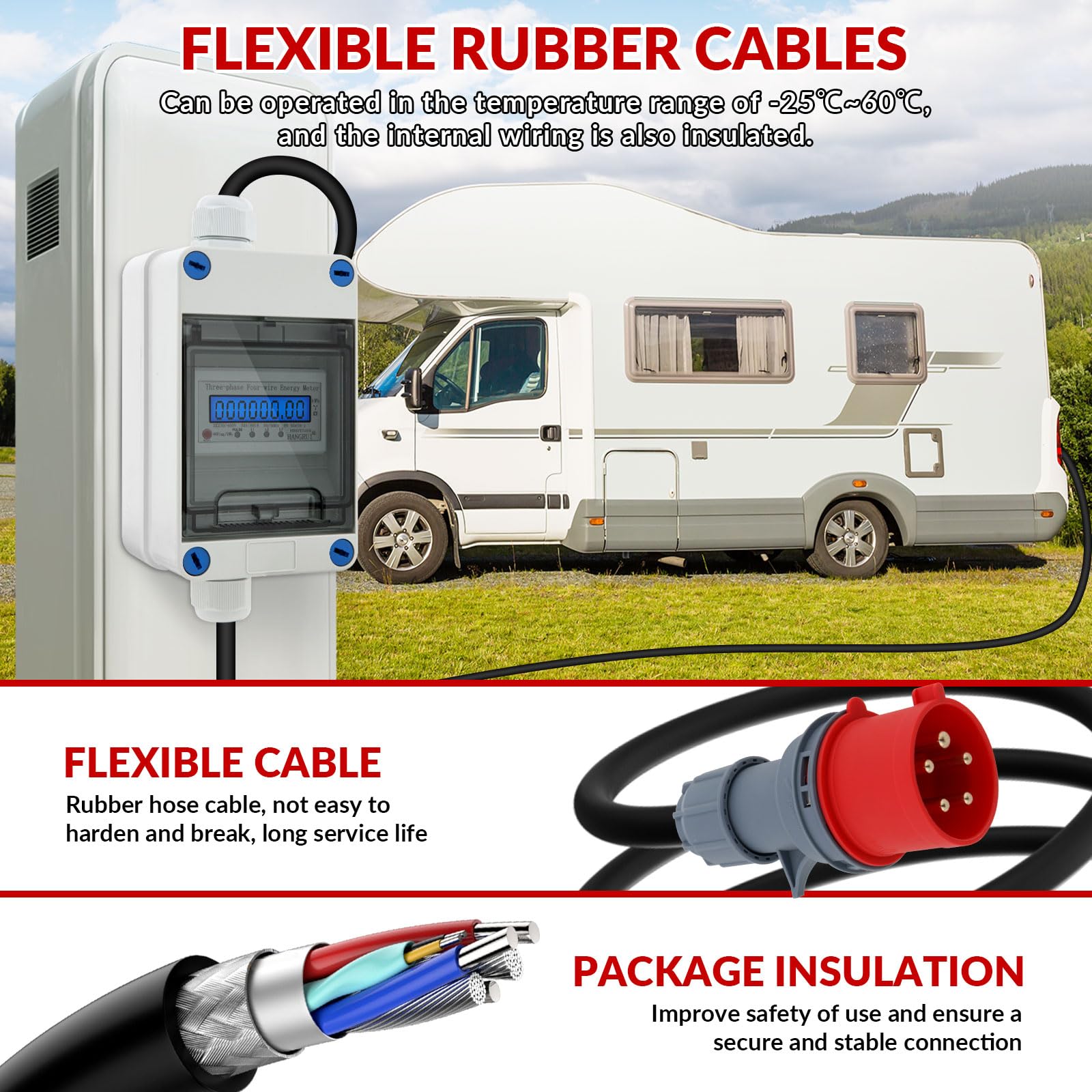 Mobiler Digitaler Stromzähler 32A 230V IP65 Wasserdicht, KWH Messgerät mit CEE-Stecker, LED-Anzeige & Reset-Taste für Wohnmobile, Elektrofahrzeuge, Haushalt & Outdoor