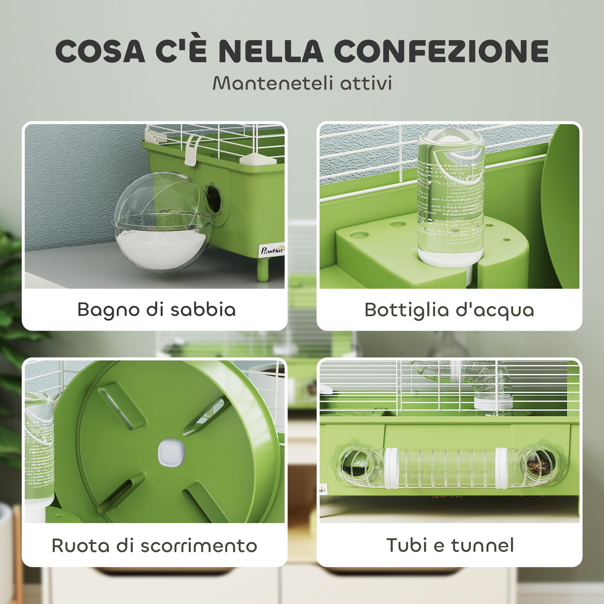 PawHut Gabbietta per Criceto a 2 Livelli e 3 Porte con Ruota Silenziosa, Lettiera e Tubi di Gioco, Gabbia per Animali in Acciaio, PS e PP, 44.5x28x44 cm, Verde e Bianco