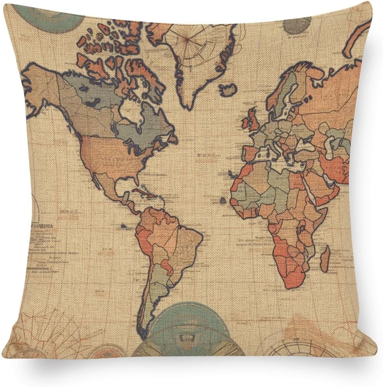 Pillowcases World Map Retro Look Decorative Pillow Cover World Map Pillows Decorative Throw Pillows 16"x16" Gifts for Home Decor Linen Cushion Case Outdoor Home Decoration Farmhouse Home Decor