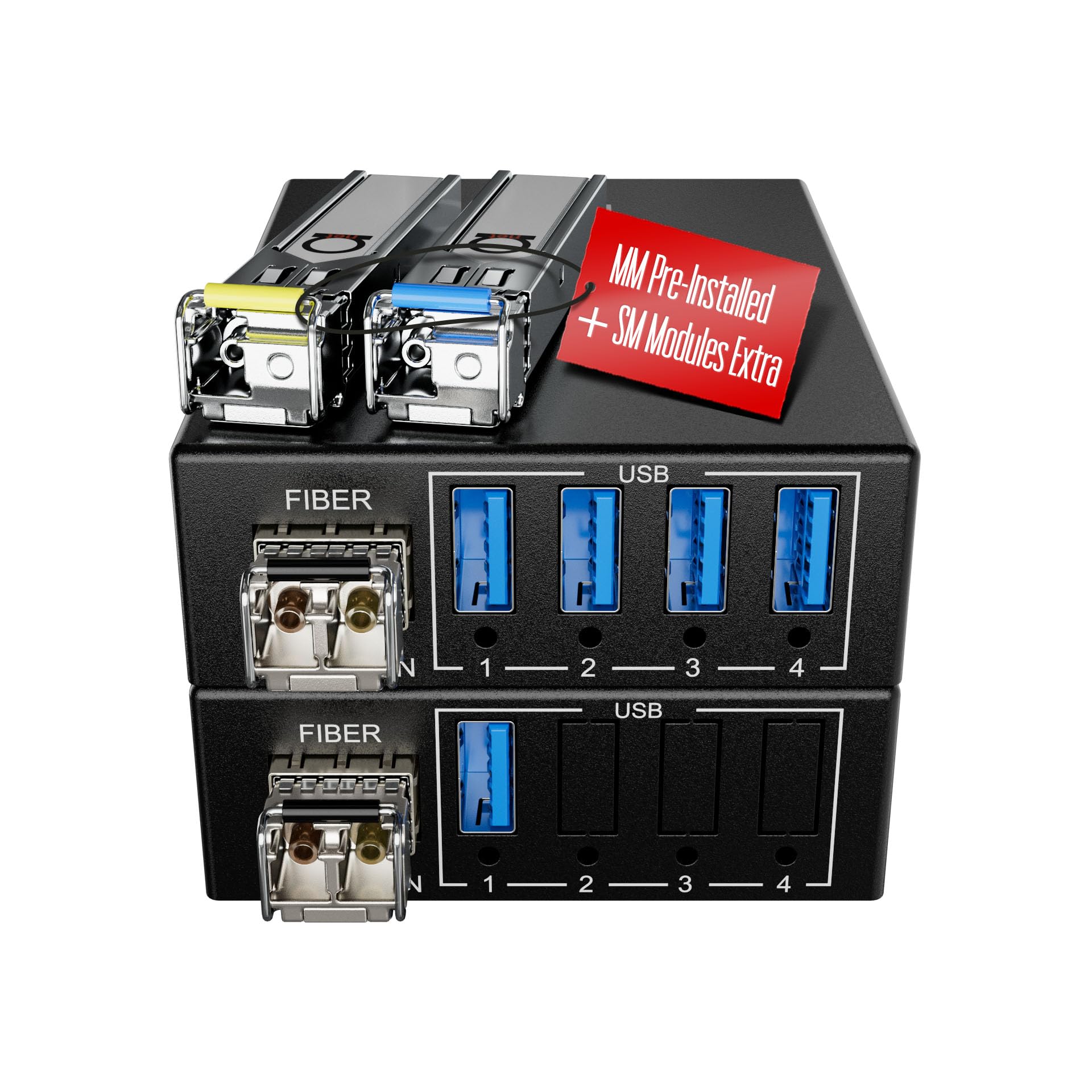 USB 3.0/2.0/1.1 to Fiber Optic Extender with 4-Port USB Hub – Up to 820ft 250m Over SM/MM LC Fiber – Plug & Play, No Driver Needed – Power from USB – Supports High-Speed Devices & Cameras