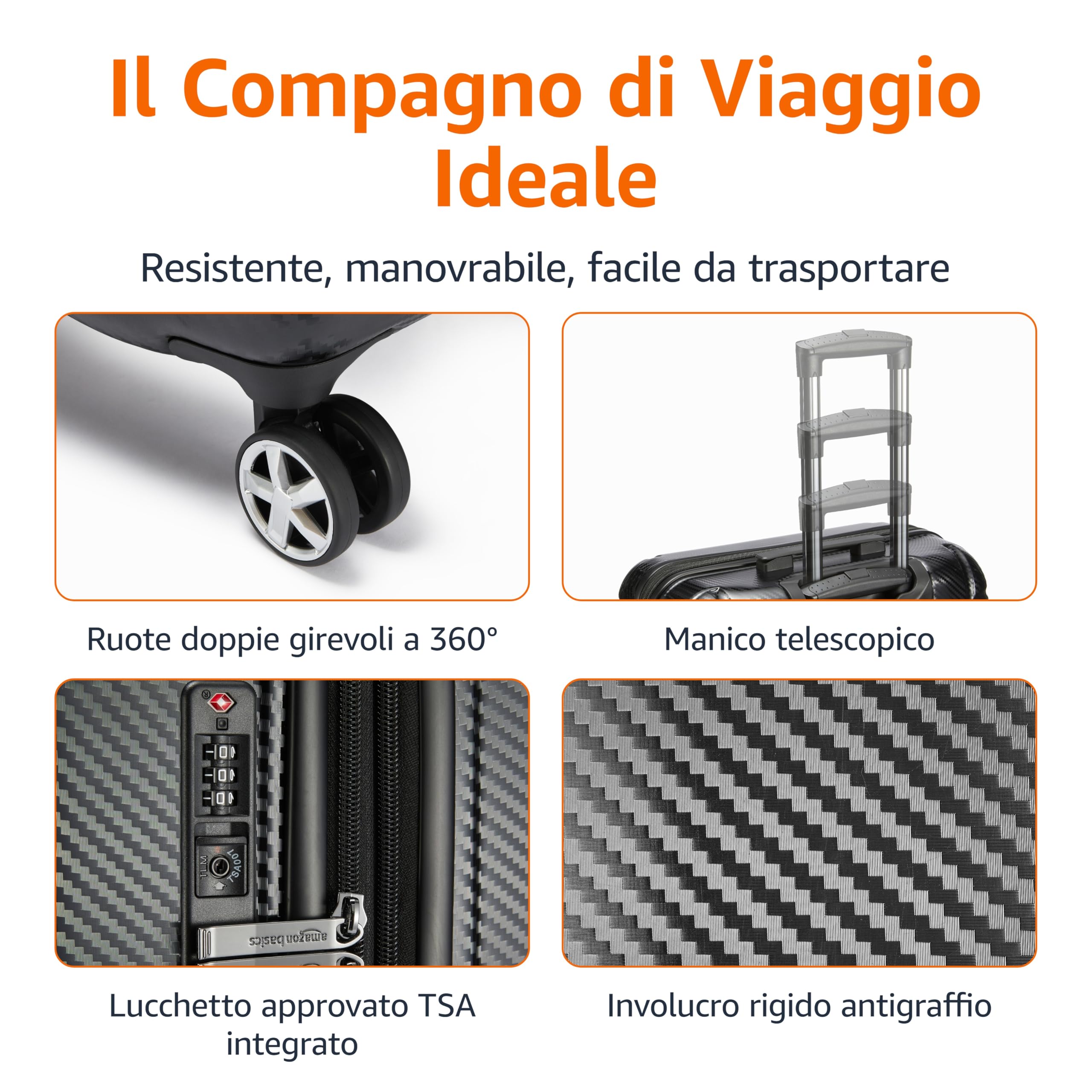 Amazon Basics - Valigia Rigida Grande con Ruote, Oxford con Lucchetto Approvato TSA, Quattro Ruote Piroettanti e Superficie Antigraffio, 76 cm, Nero