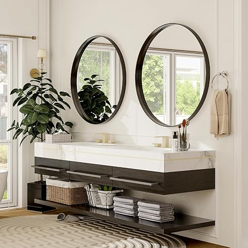 Miniatura 4 de Easly Espejo redondo de baño de 32 pulgadas, espejo circular montado en la pared con marco de metal, espejo moderno adecuado para baño, tocador,