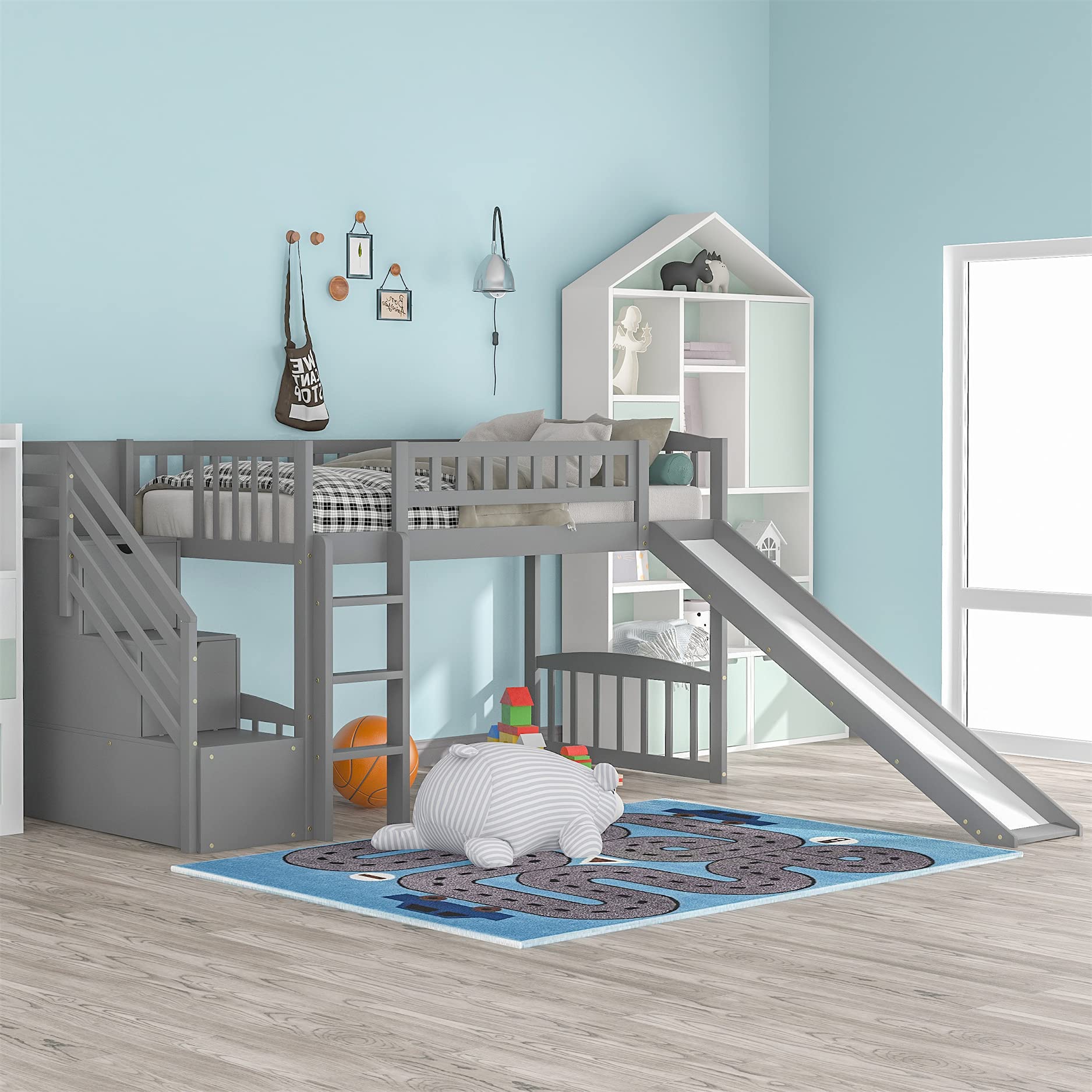 Harper & Bright Designs Twin Size Loft Beds with Slide and Stair, Solid Wood Low Loft Bed with Storage Drawers and Guardrails for Kids Teens Bedroom, Guest Room Furniture (Twin, Gray)