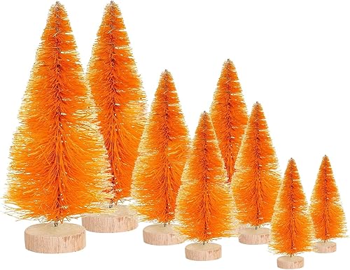Jlong 8 piezas de árboles artificiales de cepillo para botellas, mini árbol de Navidad, sisal, nieve, escarcha, con base de madera, pino en