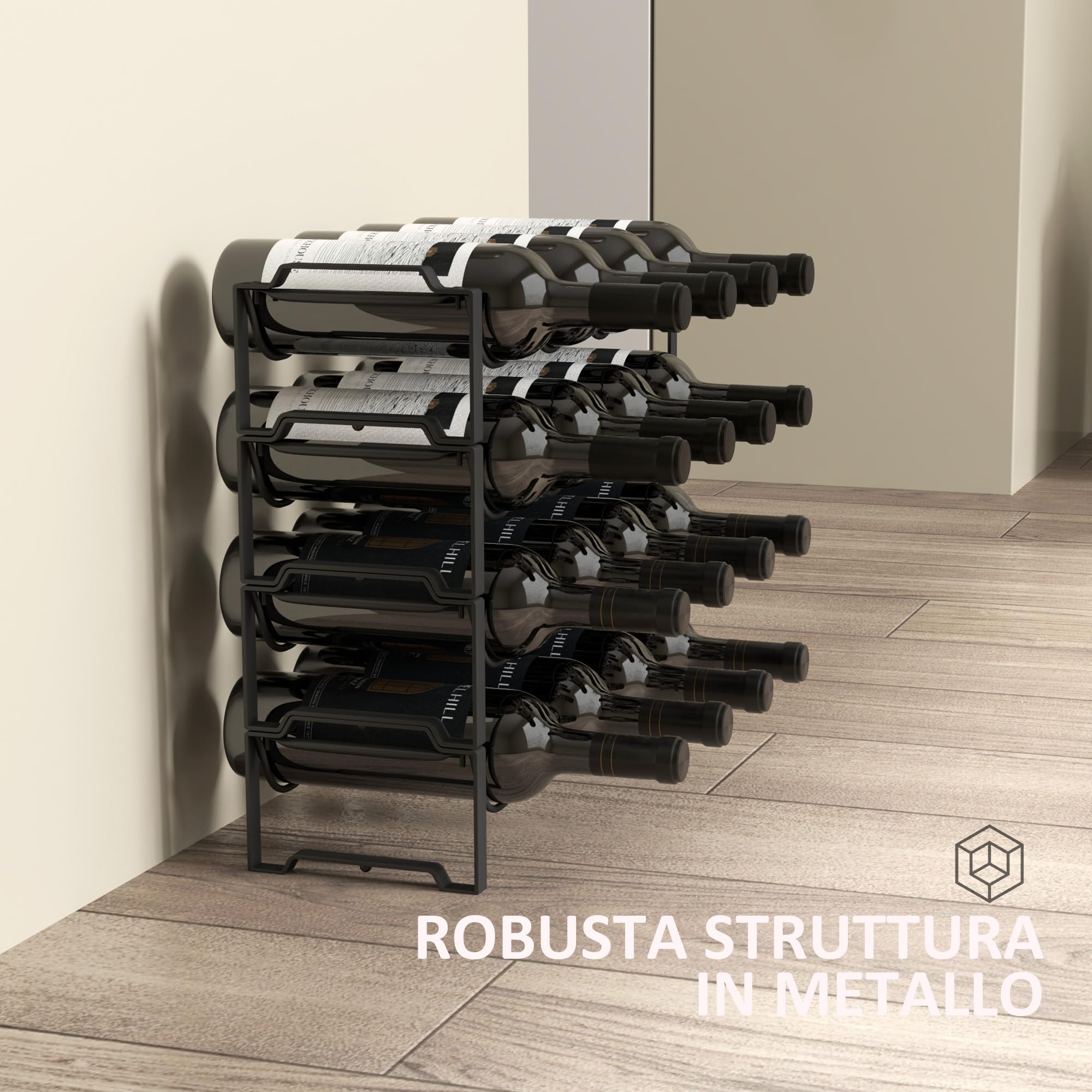HOMCOM Portabottiglie Vino a 4 Livelli a Onda Impilabili per 16 Bottiglie, Cantinetta Portabottiglie Metallo per Cucina, Bar, Dispensa e Cantina, 42.5x16.5x41 cm Nero