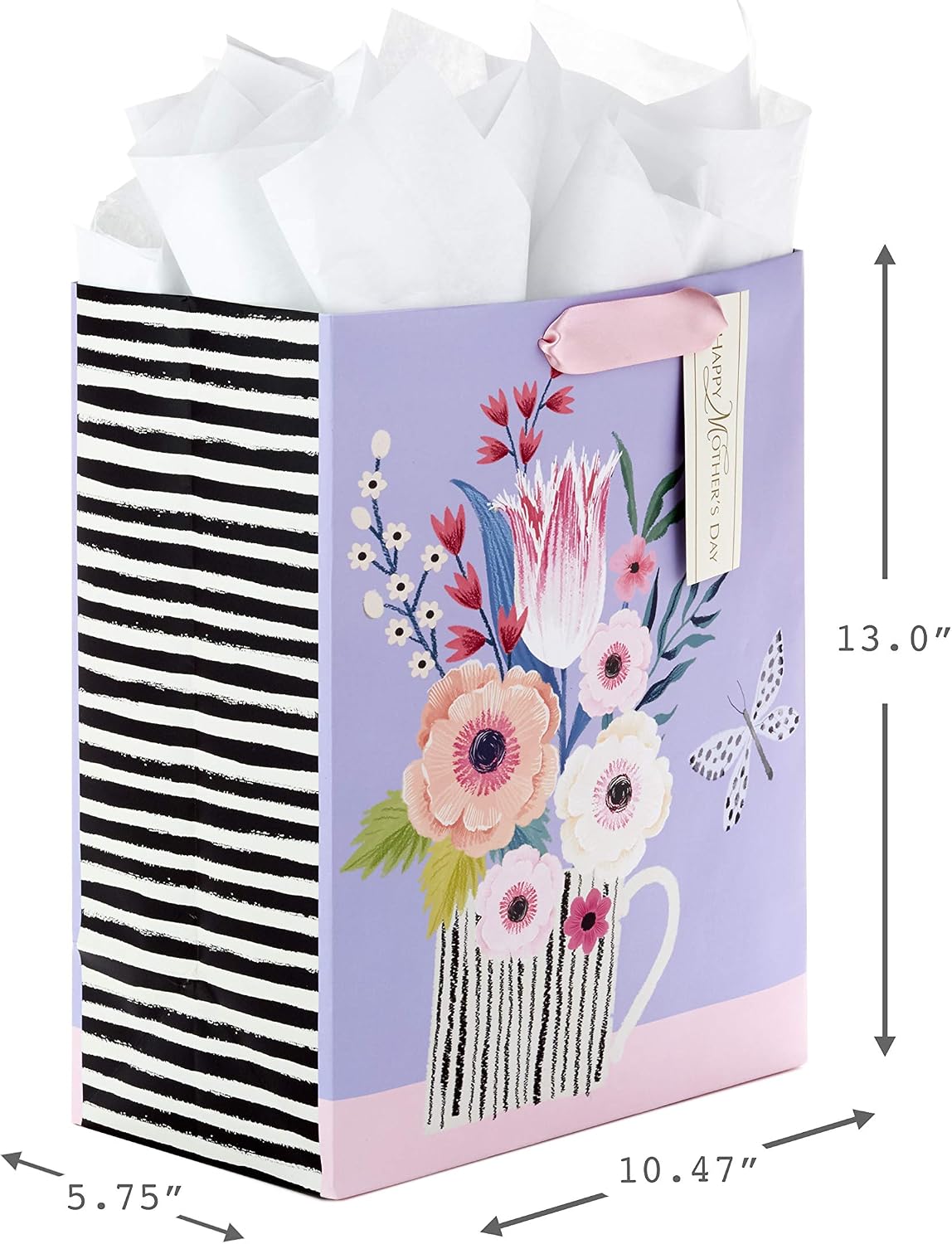 Hallmark 13" Large Mother's Day Gift Bag with Tissue Paper (Purple, Black and White Stripes, Butterfly Bouquet) (Pack of 2) image 2