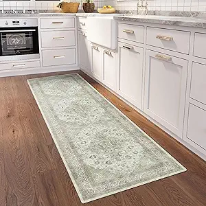 vivorug Sage Green Runner Rug 2x10 Machine Washable Rug with Non-Slip Backing, Ideal for Kitchen Hallway Entryway Laundry Room - Vintage, Durable, Easy Clean, Low Pile Carpet Runner