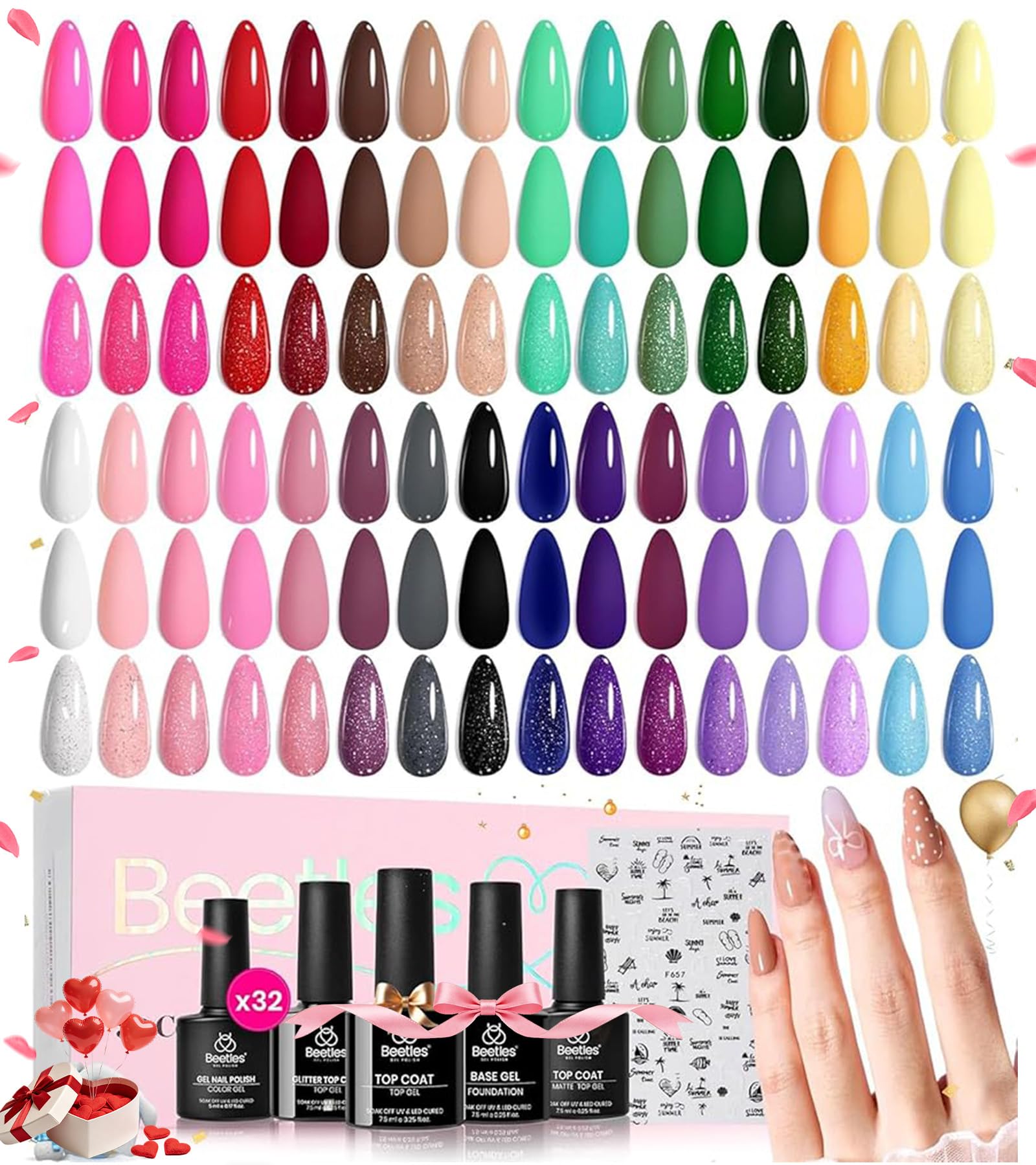 beetles Spring Gel Polish Set - 32 Colors Purple Orange Red Brown Black White Blue Nude Green Gel Polish Set All Seasons Kit with Base Top Coat UV LED Needed Gifts for Women Fingertips Canvas