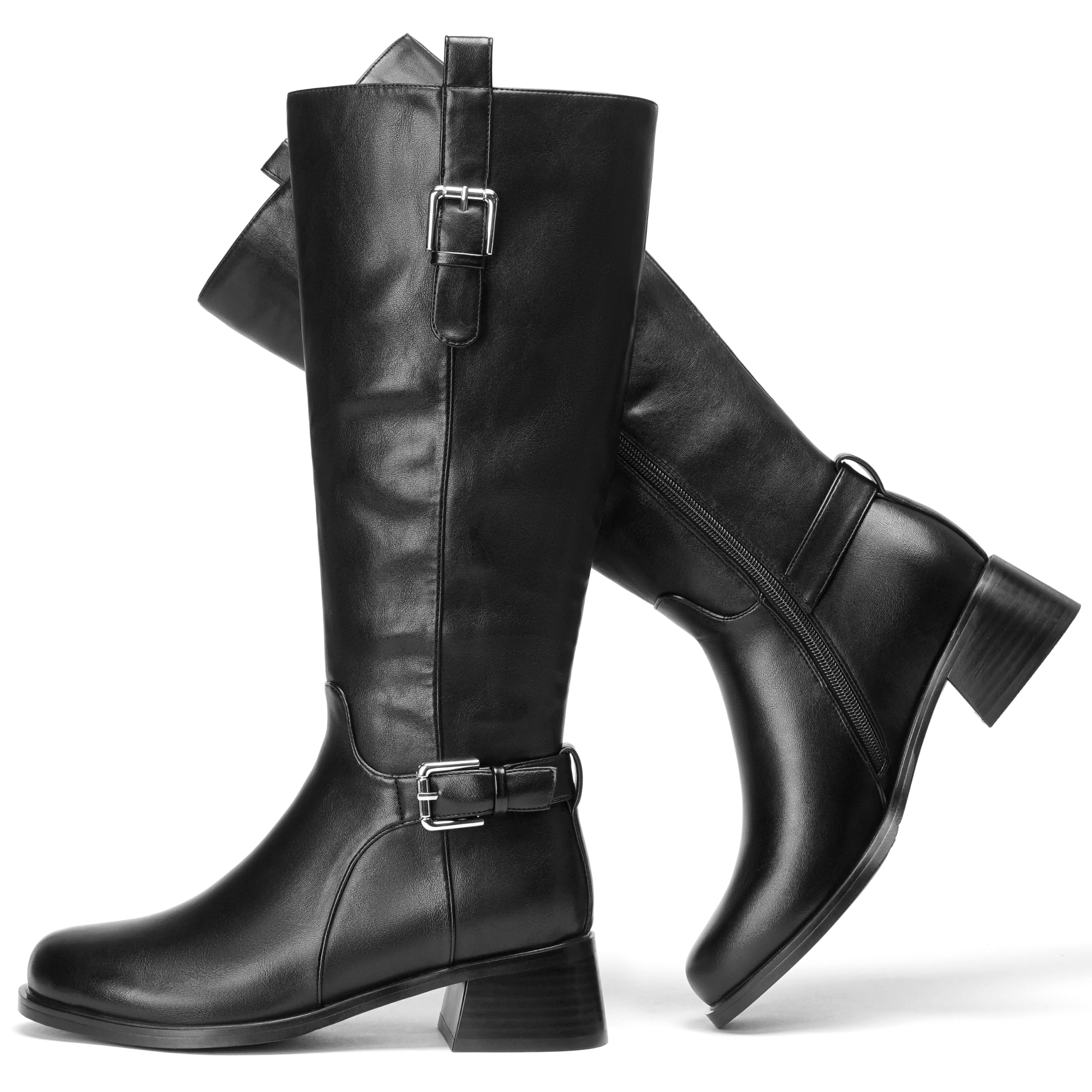 ErikenUrben Women Knee High Riding Boots Low Block Heel Biker Boots Buckle