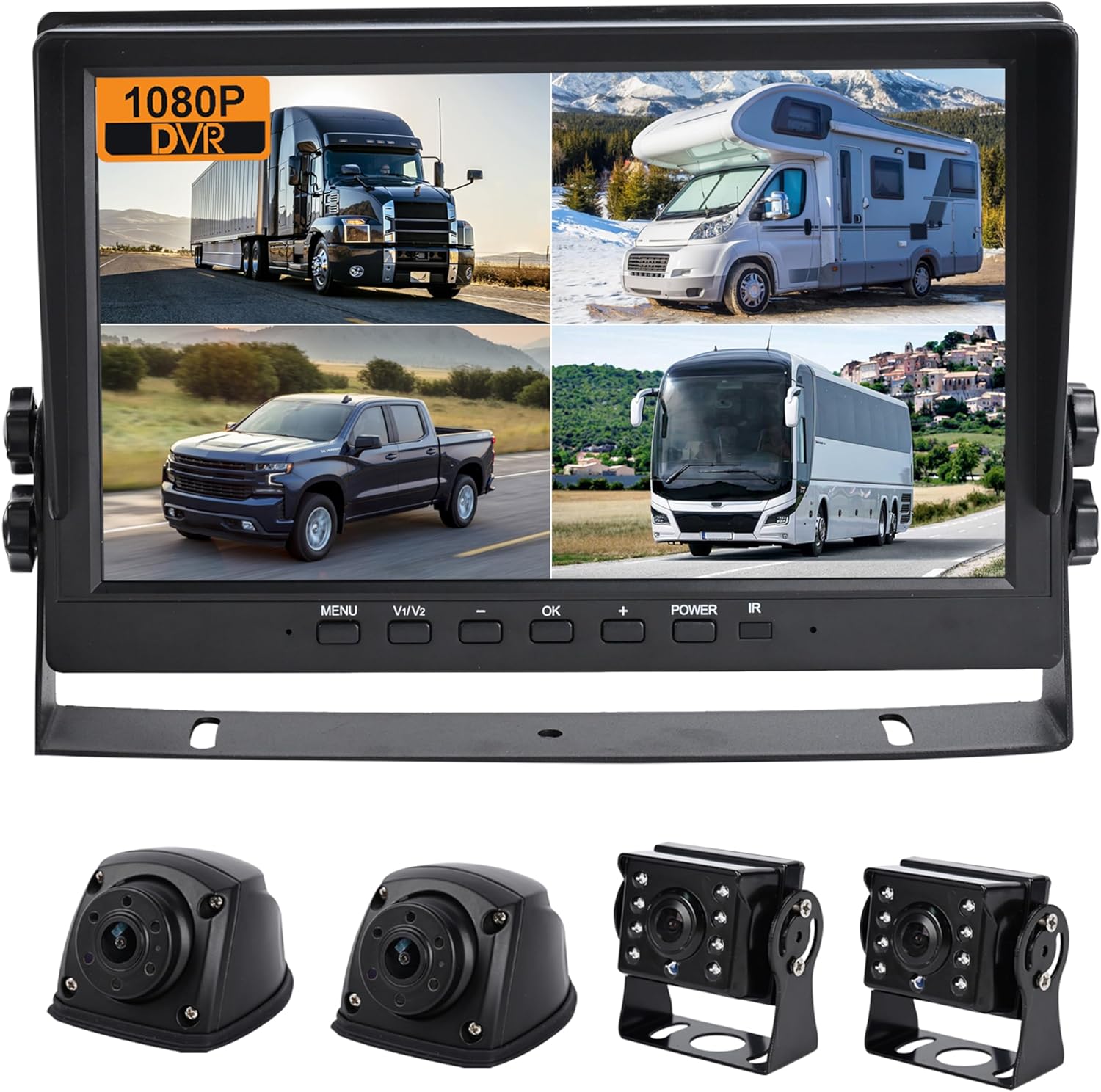 10" Car Backup Camera Monitor CCTV, DVR Recorder, RV Backup Camera System, 4 x AHD 1080P Rear View Camera, Waterproof IR Crystal Night Vision, Rriving Recorder for Truck Trailer Camper RV