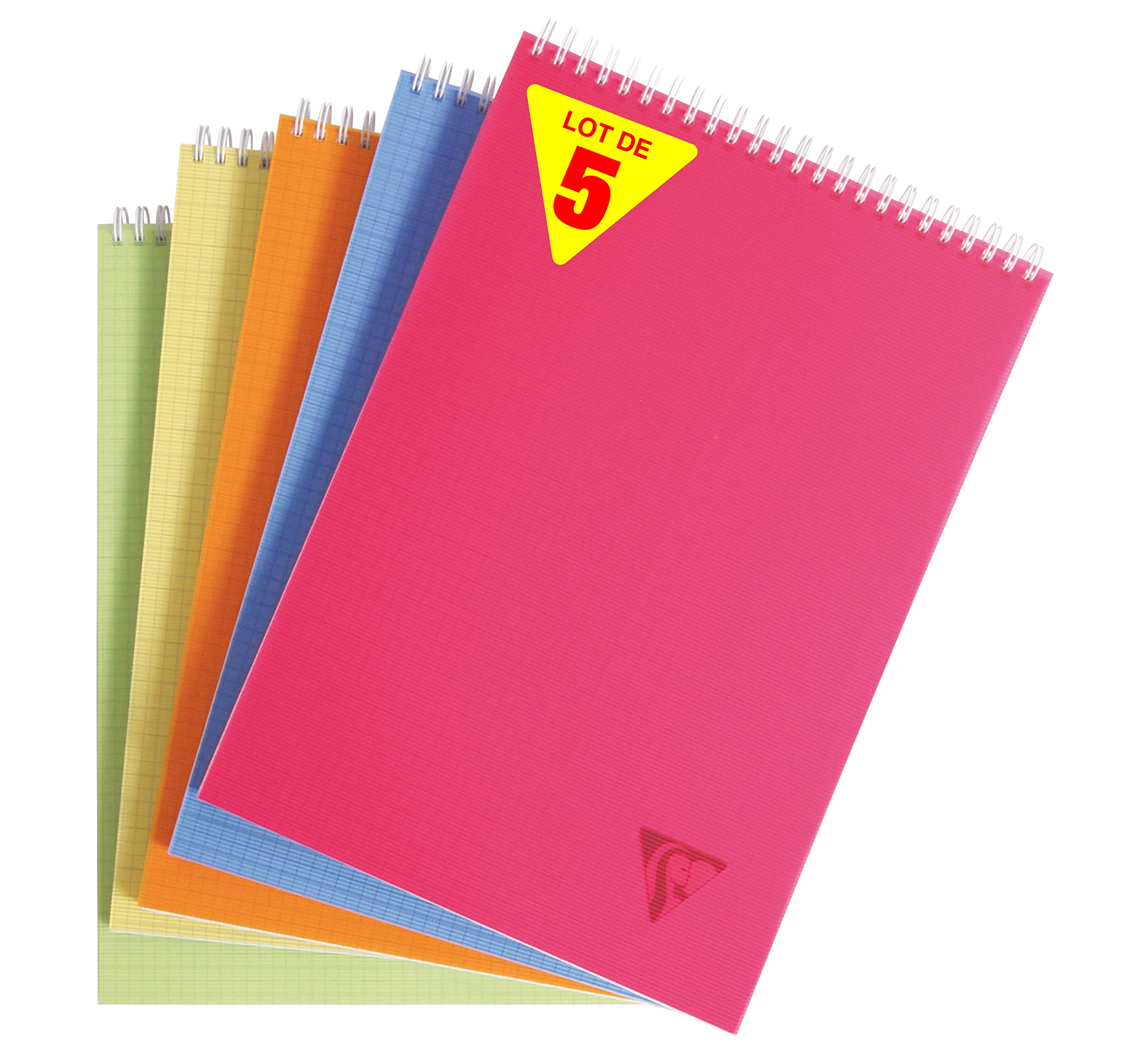 Clairefontaine 328635C Collection Linicolor Fresh Lot de 5 Blocs à Spirale en-Tête - A4 21x29,7 cm - 160 Pages Détachables Petits Carreaux - Papier Blanc 90g - Couverture Polypro - Couleurs Aléatoires