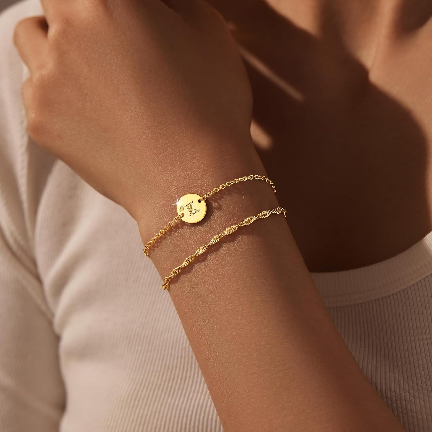 Gold Initial Heart Bracelets for Girl Women Trendy, Layered Dainty Initial Gifts Personalized Disc Letter Charm A-Z Bracelets for Teen Girl Women Jewelry Gifts - Image 3