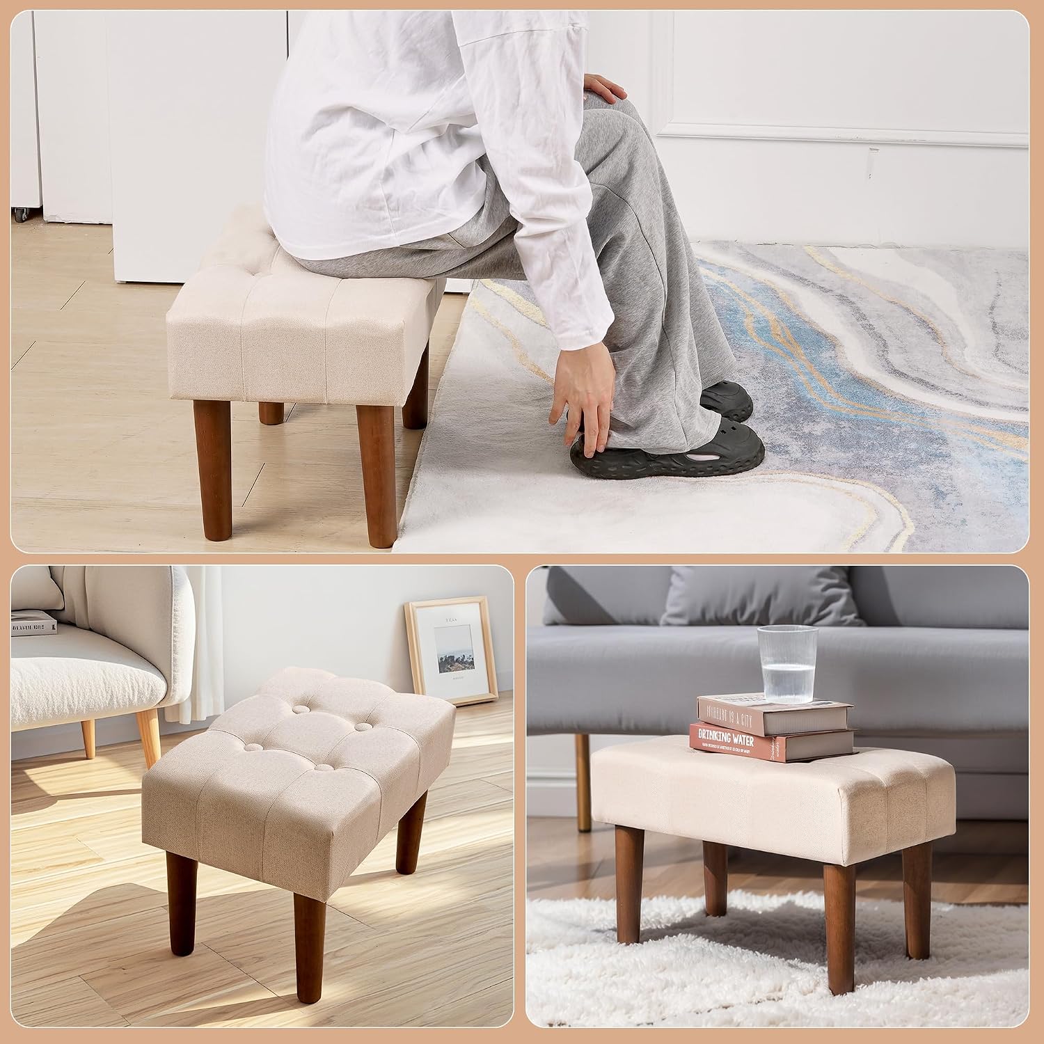 VECELO Small Foot Rest Under Desk Ottoman, Linen Foot Stool with Legs, Rectangle Footrest Leg Rest for Sofa, Relieve Stress, Better Posture, Ottoman Rest Stools for Living Room Entryway, Beige