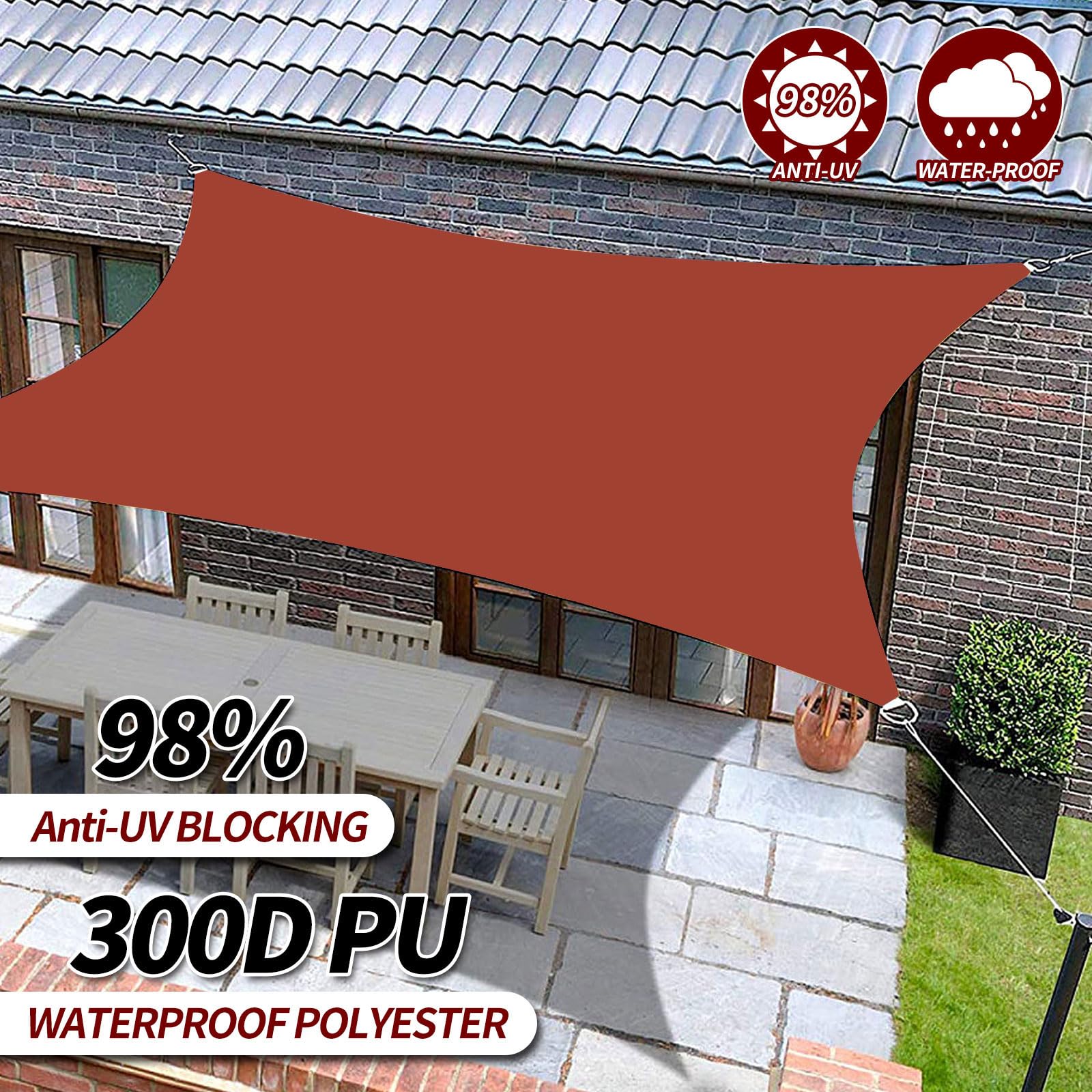 Sonnenschutz Segel 3,6 X 4,9 M – Rechteck, 300D Oxford Stoff, UV-Block 98%, Mit Seilen