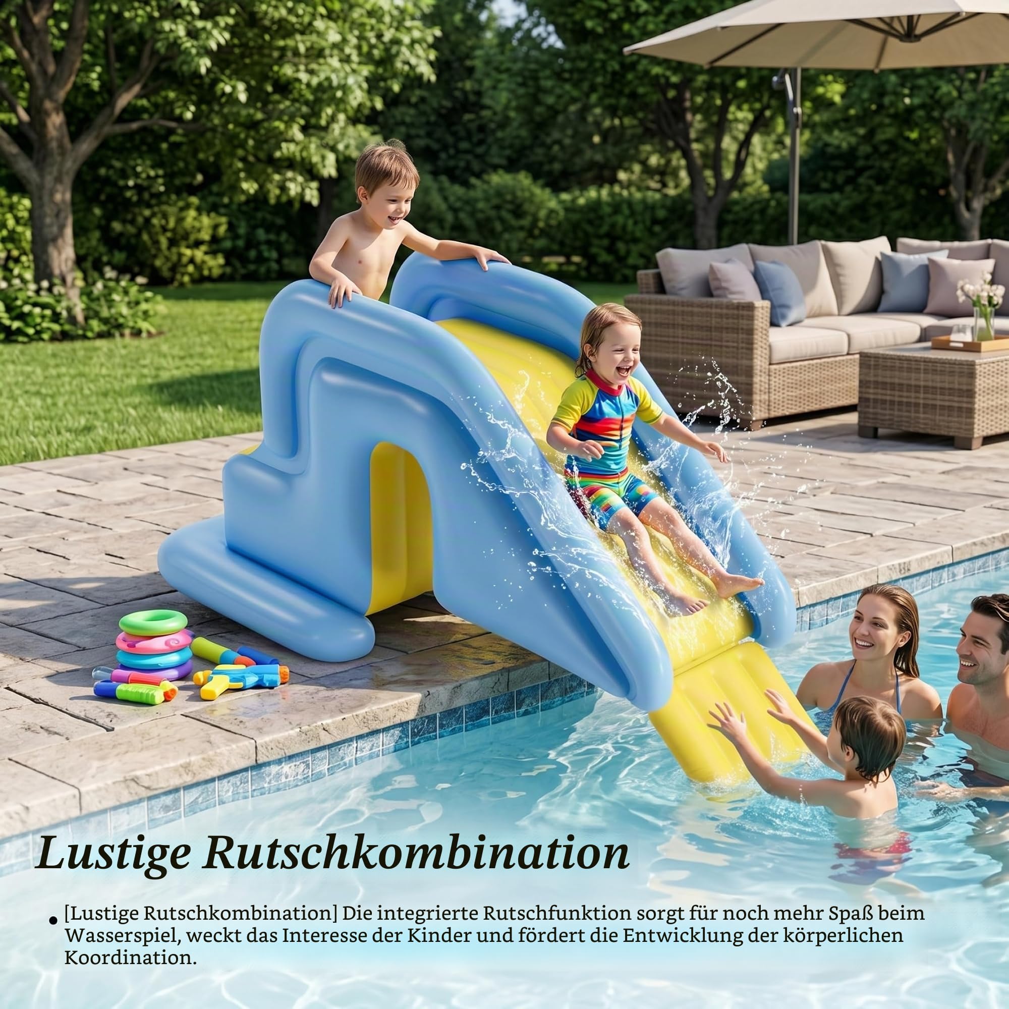 Aufblasbare Poolrutsche, hellblaue Schwimmbadrutsche mit Fußpumpe – einfache Einrichtung und Lagerung, aufblasbares Wasser für Spaß im Innen- und Außenbereich im Hinterhof