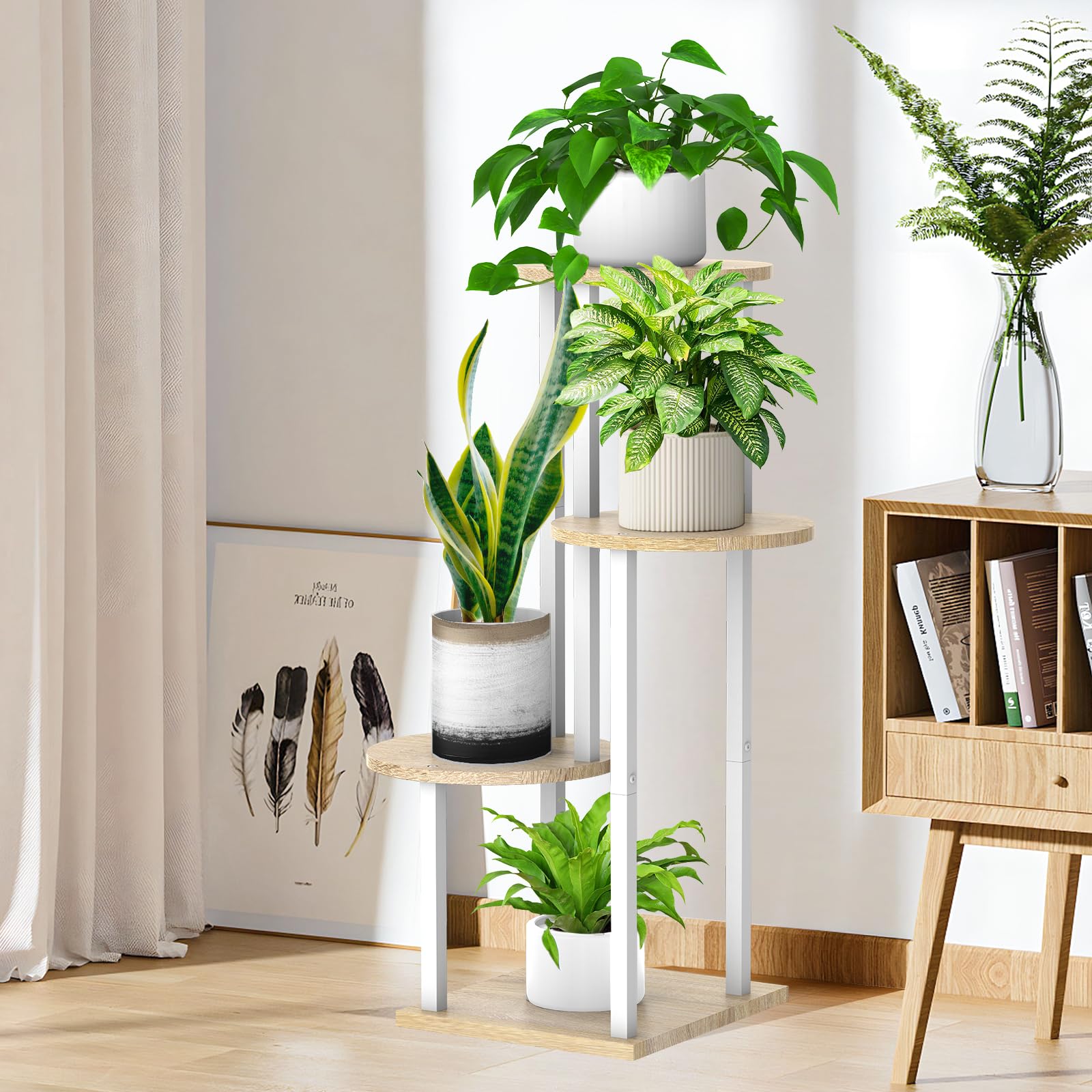 4 Tier Hölzern Blumenregal Metall Pflanzenregal, Mehrstöckig Blumenständer Pflanzenständer Blumenbank Blumentreppe Pflanzentreppe Standregal für Innen Außen Balkon Deko (Rund Weiß Eiche)